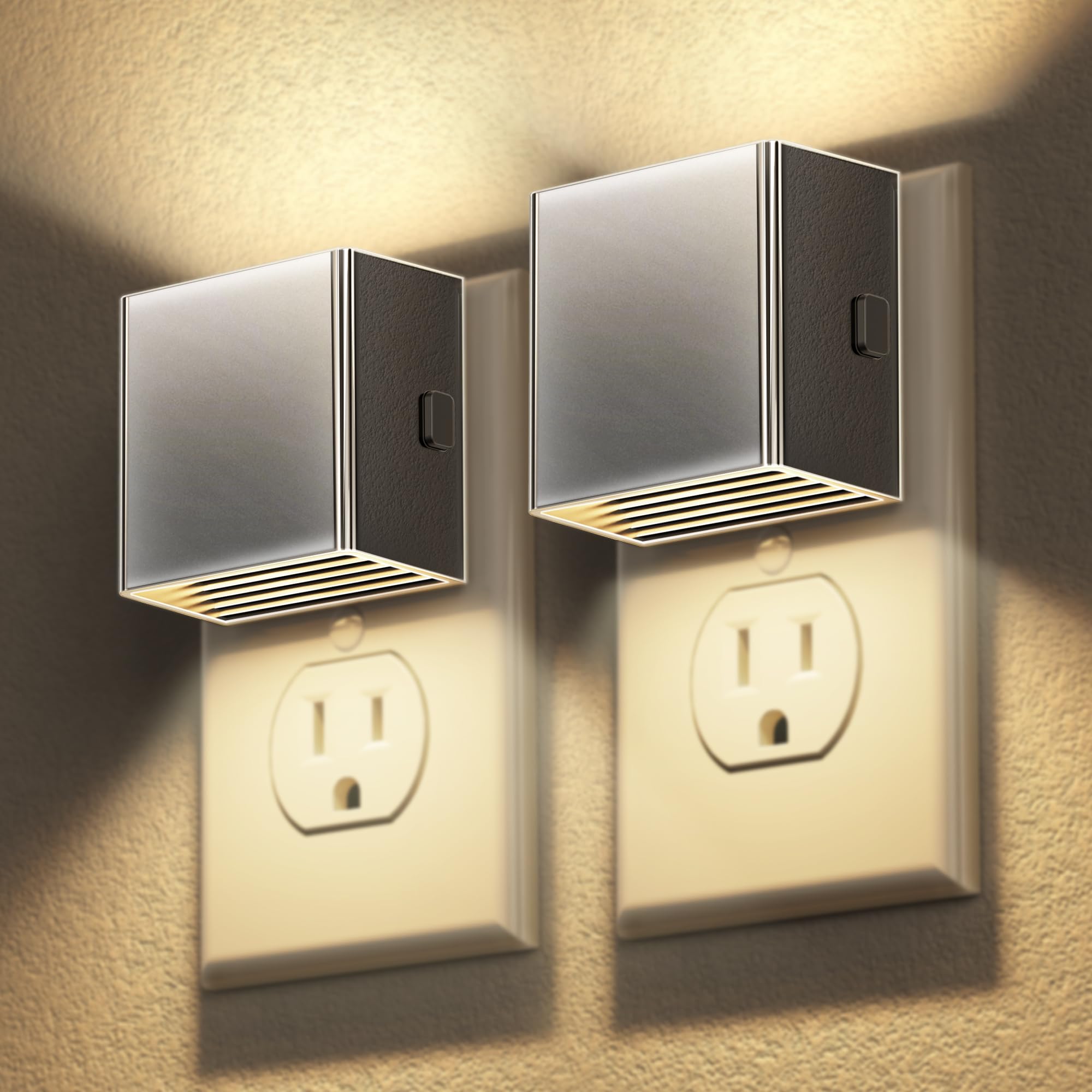 DORESshop LED Night Lights Plug into Wall, 3 Level Brightness, Dusk to Dawn Sensor, 2 Packs, Silver Cover