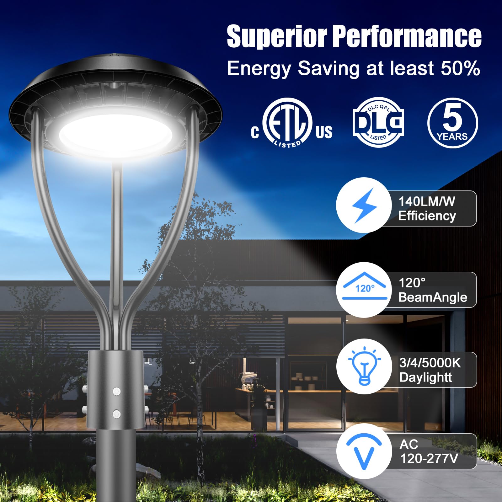60W Led Post Top Light With Photocell, 60W 48W 36W Adjustable, 8400Lm Adjustable Cct 3000/4000/5000K Outdoor Pole Lights, Ip65 Waterproof Commercial Led Post Light Fixture Area Light Etl Dlc Listed