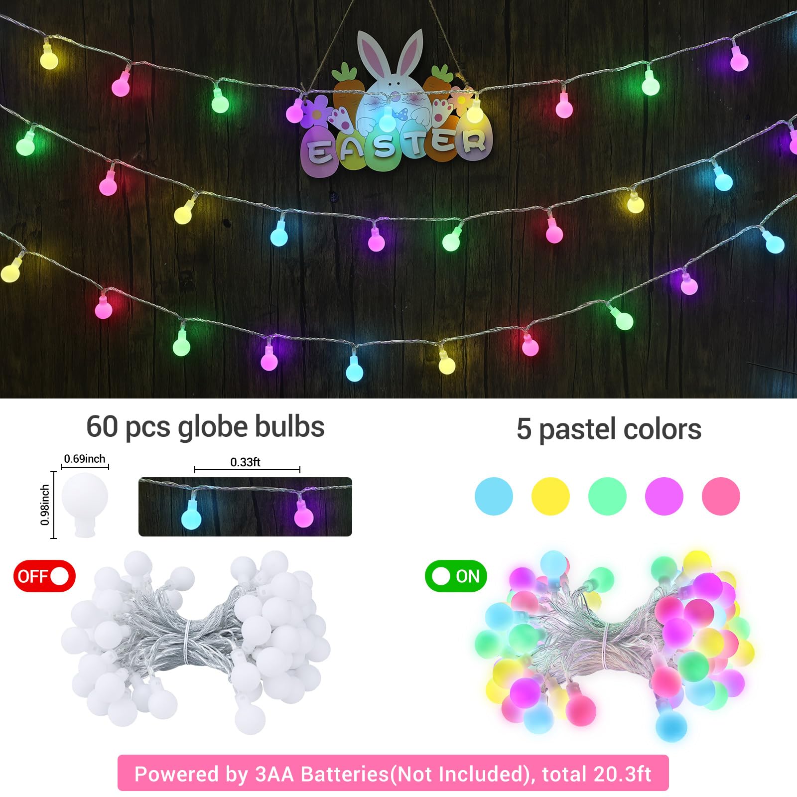 Lyhope Easter Pastel Light, 19.3Ft 60 Led Globe Decoration Lights, Battery Powered Pastel String Lights For Easter, Party, Firep