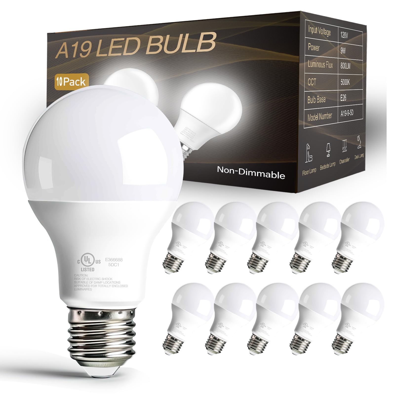 Dalattin A19 Led Light Bulbs 60 Watts Equivalent Bulbs,800 Lm,Non-Dimmable,Efficient 9W Energy Saving Lights For Living Room,Off