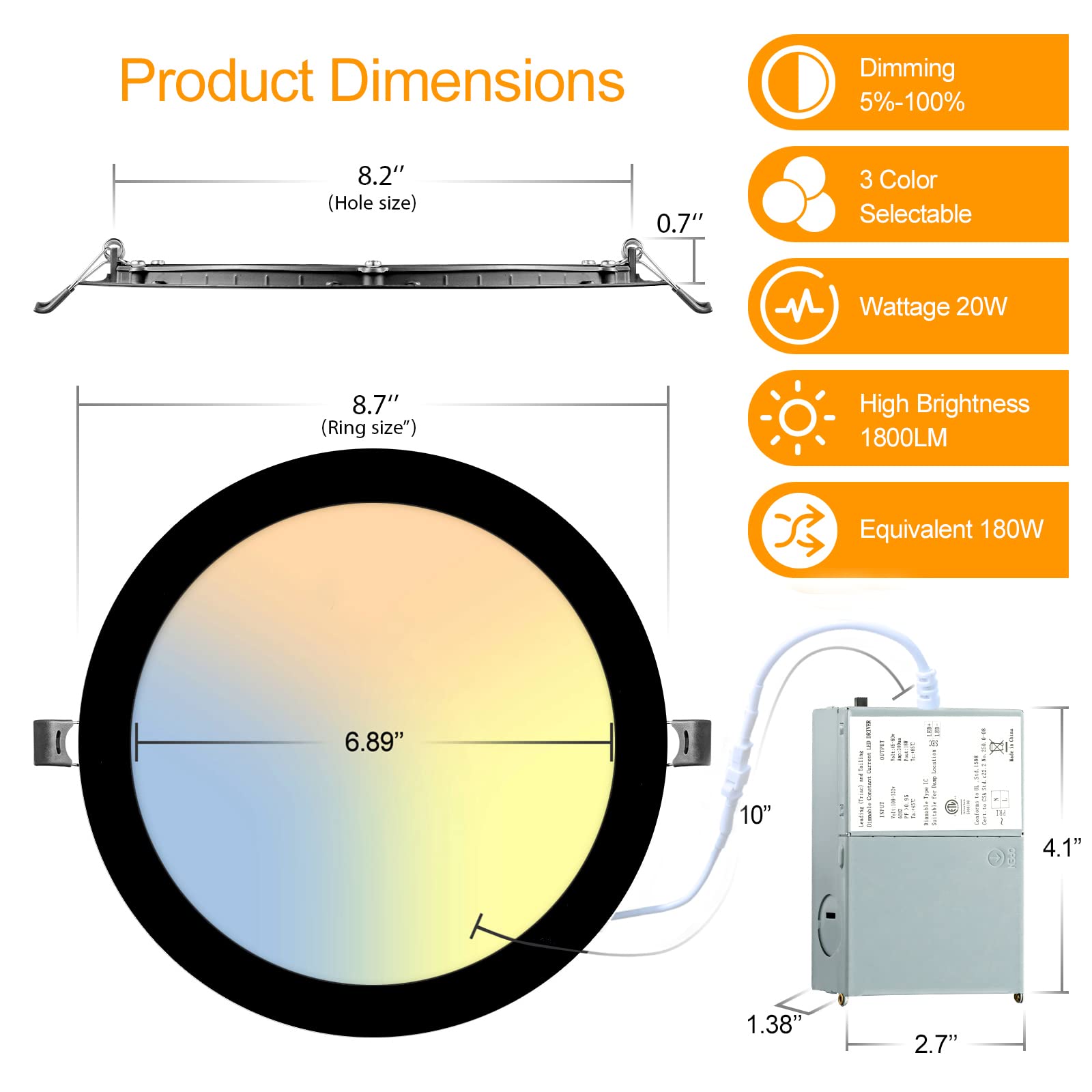 Lzhome 6 Pack 8 Inch Led Recessed Lighting With Junction Box Ultra-Thin, 3000K/4500K/6000K Selectable, 8'' Dimmable Canless Led