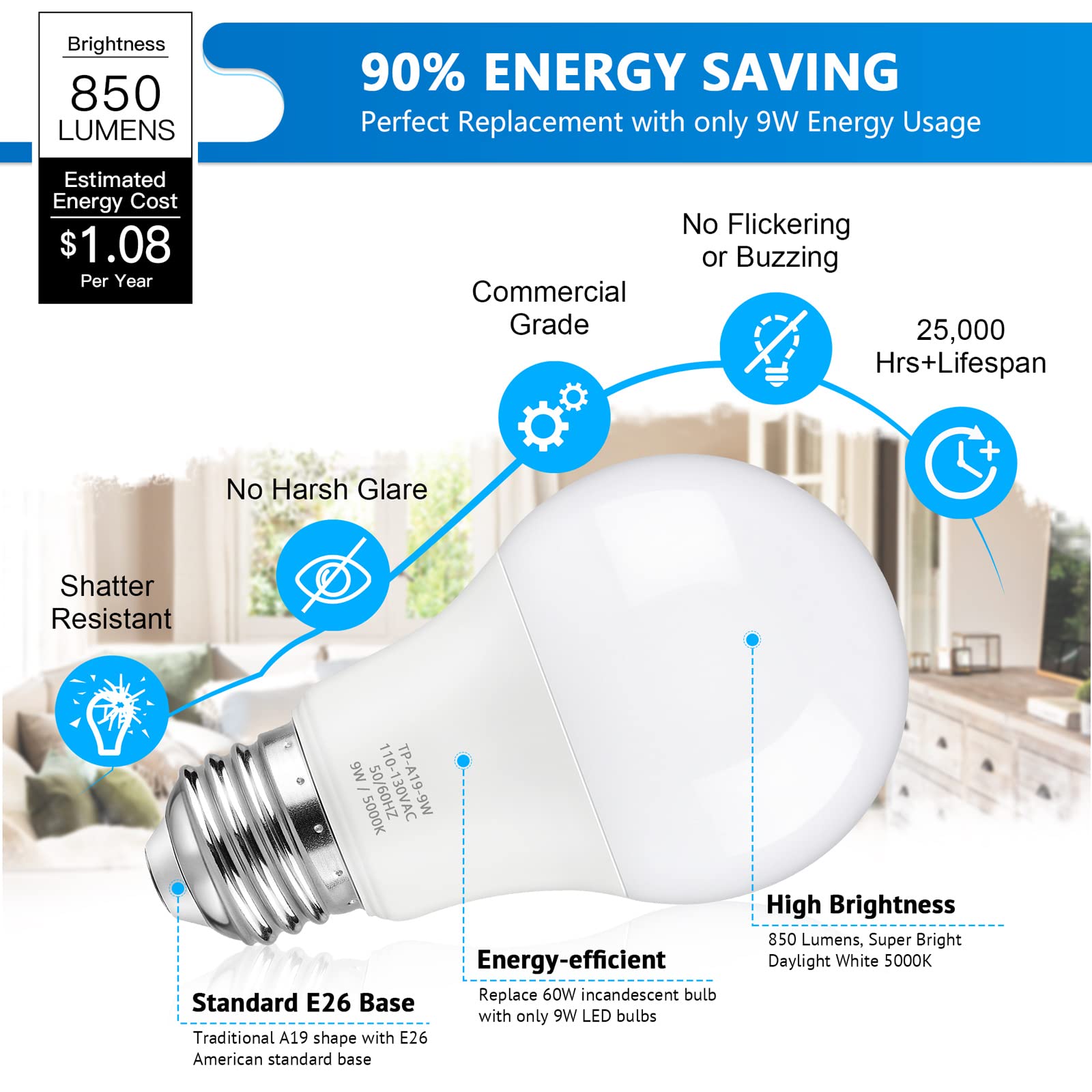 Maylaywood A19 Led Light Bulbs, 60 Watt Equivalent, 5000K Daylight White, 850 Lm, Non-Dimmable, E26 Base, 9W Bright White Led Bu