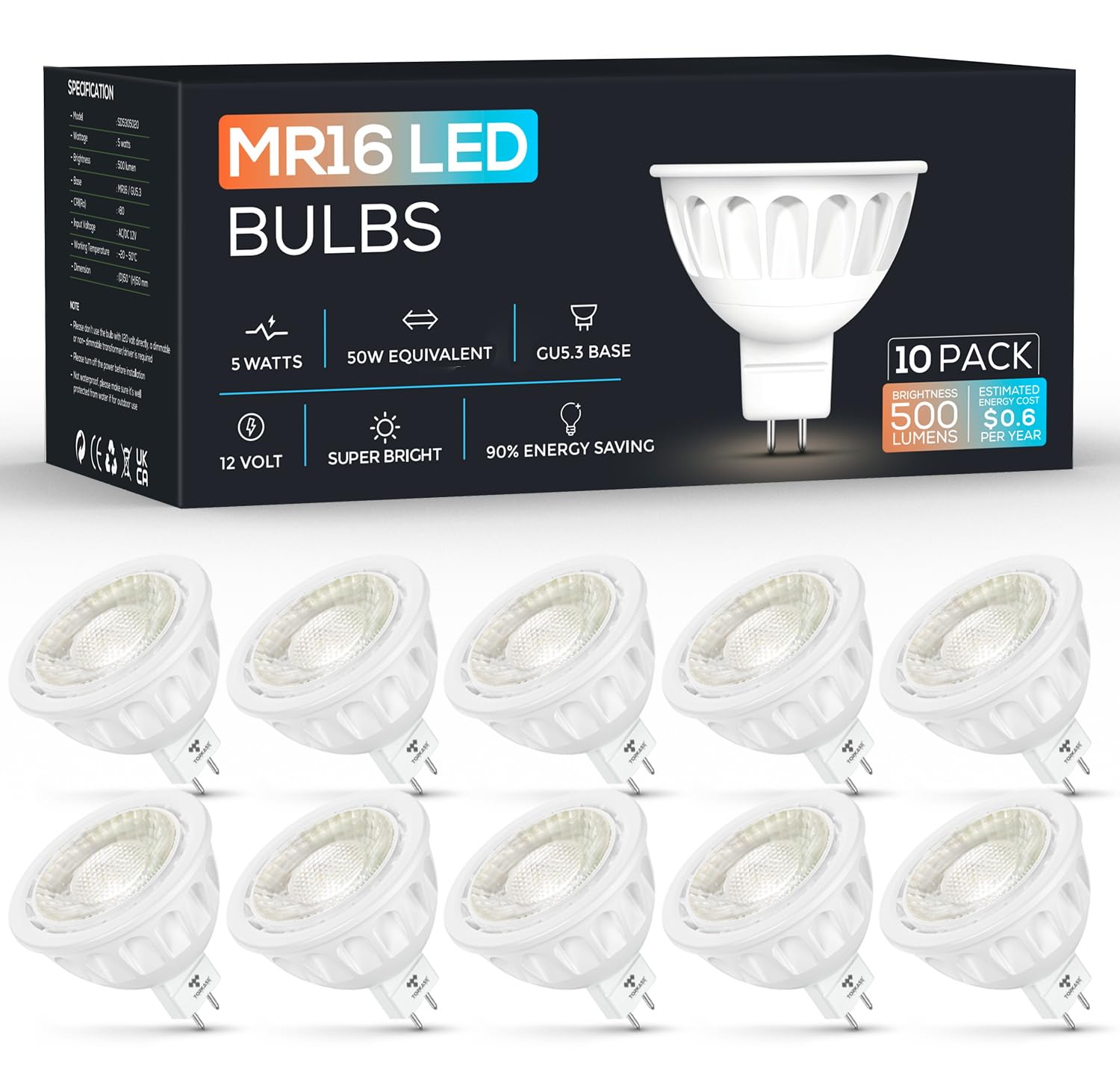 Torkase 10 Pack MR16 LED Bulbs, 5W 12V, GU5.3 Bi-Pin Base, 40 Degree Spot Light, 50-Watt Equivalent, 500-Lumen, Non-Dimmable, 30