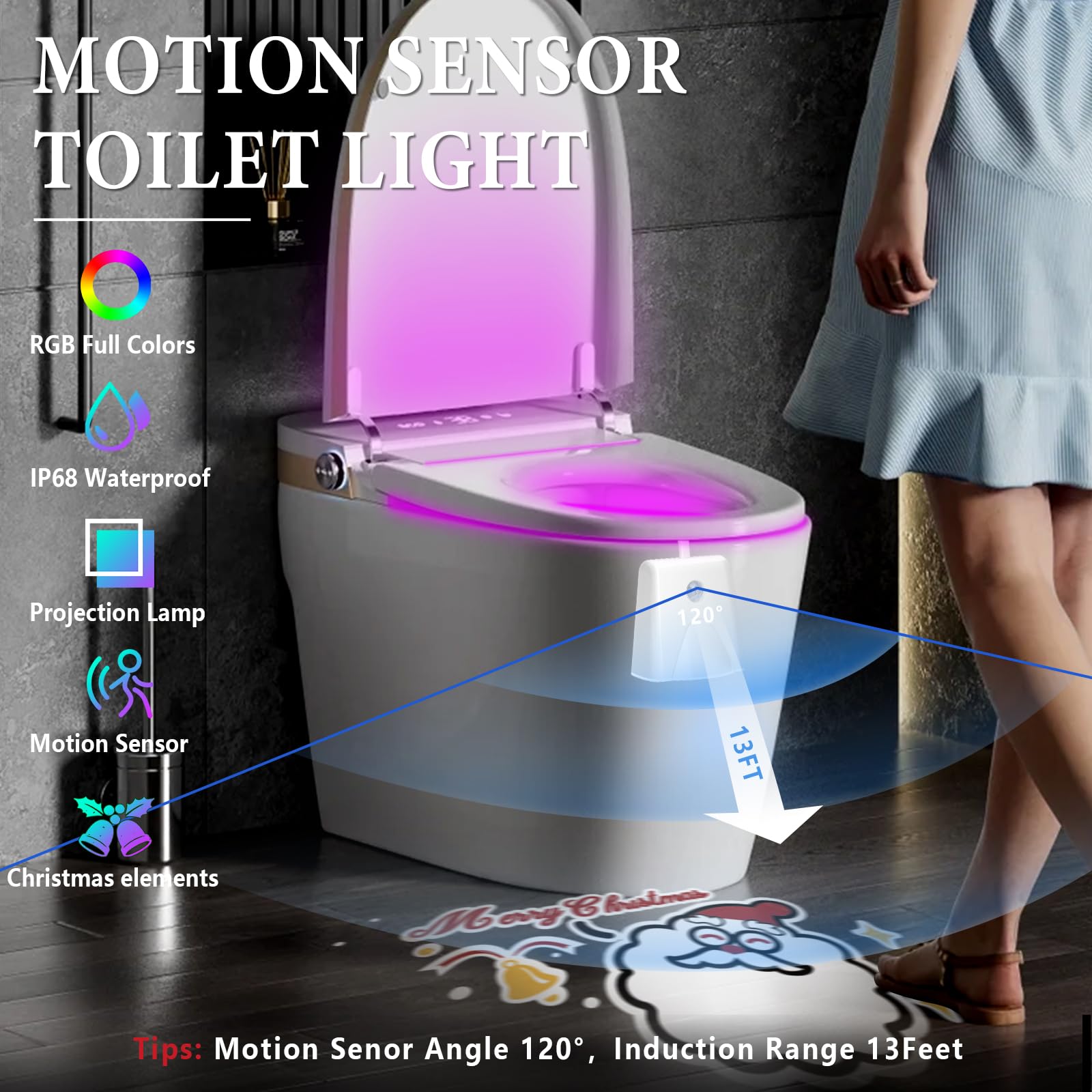 LAVAED Color Changing Toilet Night Light, Motion Sensor Activated, Rechargeable, 1 Pack, Christmas Limited