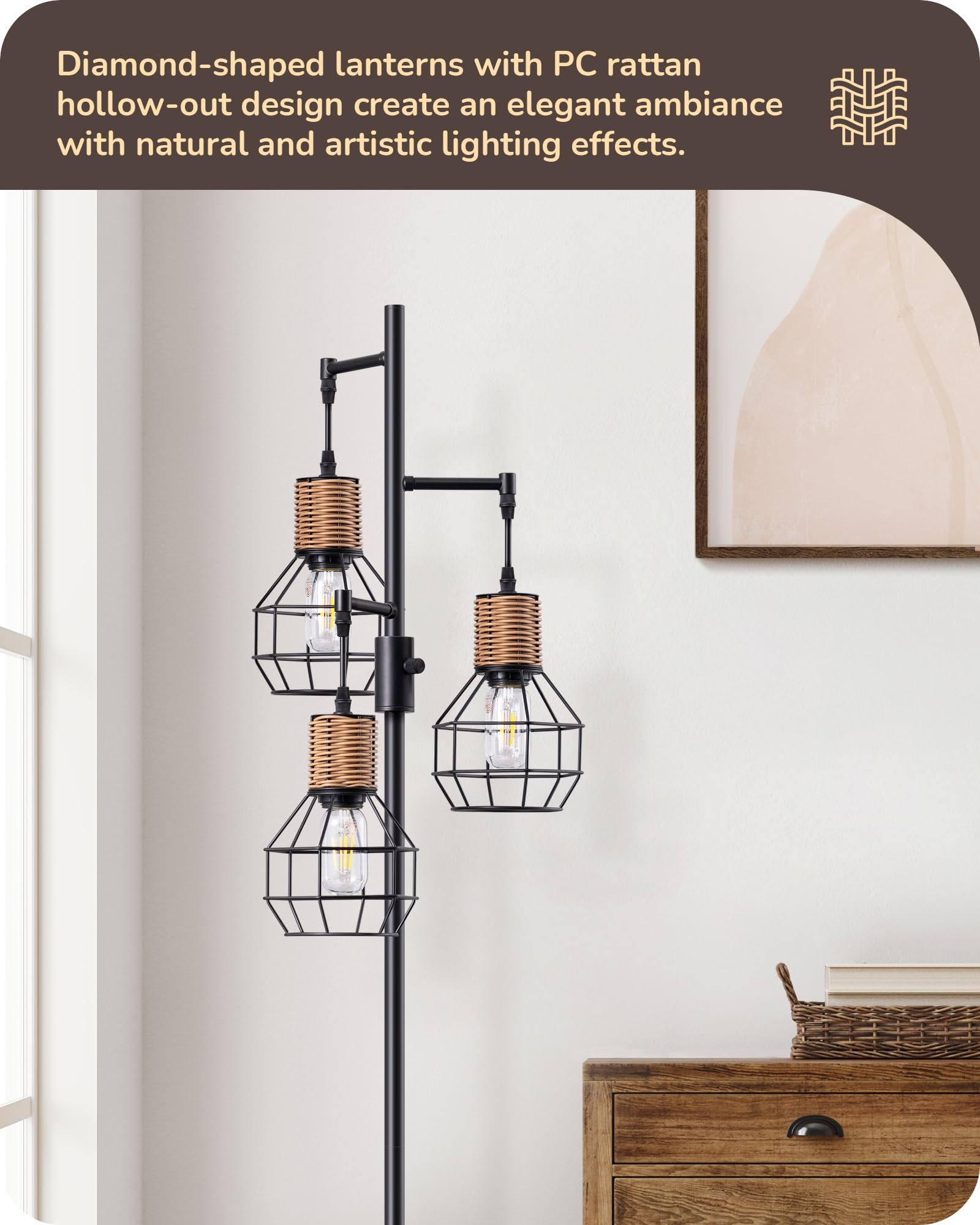 Edishine Dimmable Farmhouse Floor Lamp For Living Room, Industrial Black Standing Lamp With 3 Led Edison Bulbs, Corner Rustic Ra