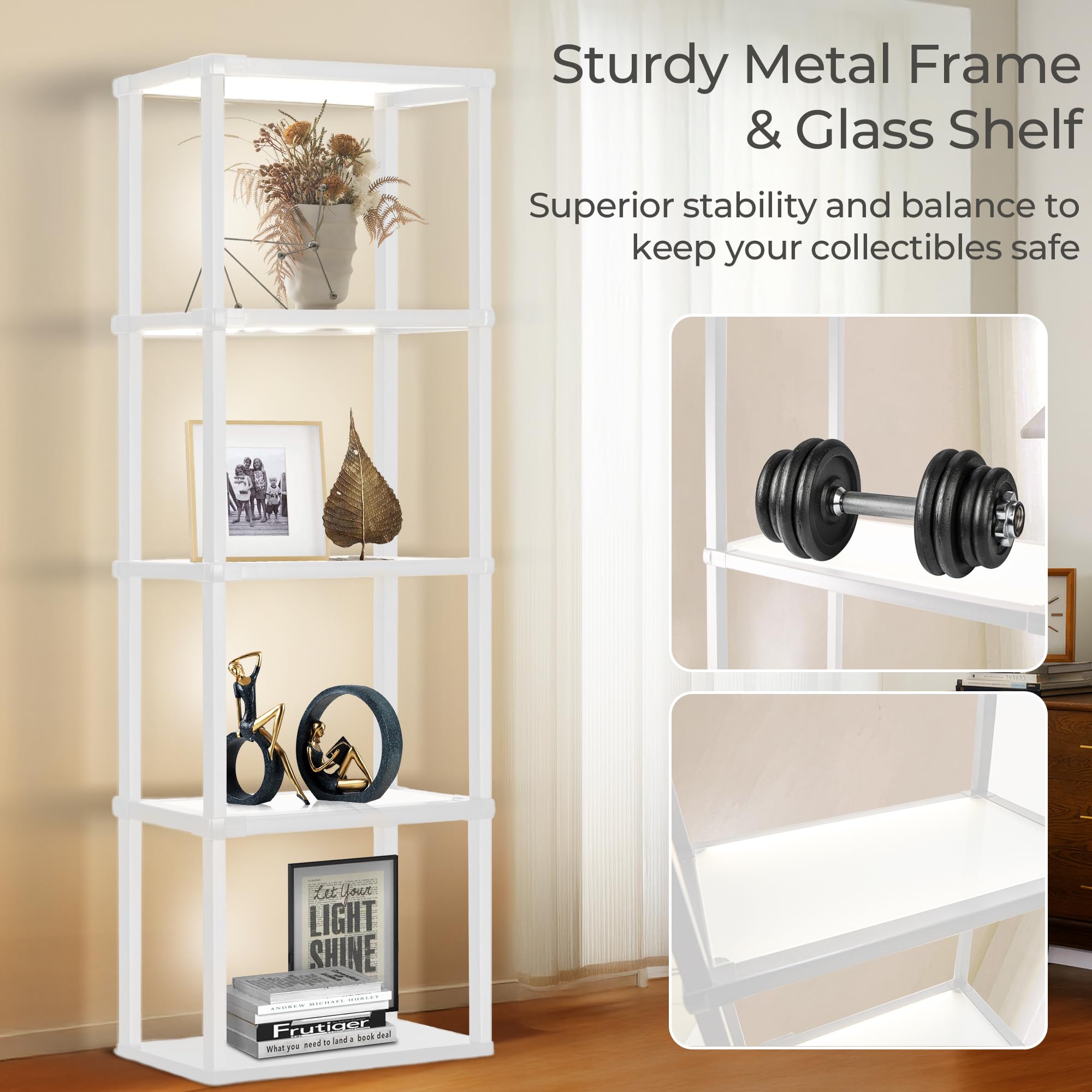 Wio-Mio Tall Display Shelf Floor Lamp, Dimmable LED, 3 Color Temperatures, White, Model PFL-026, Sturdy Glass Curio Cabinet