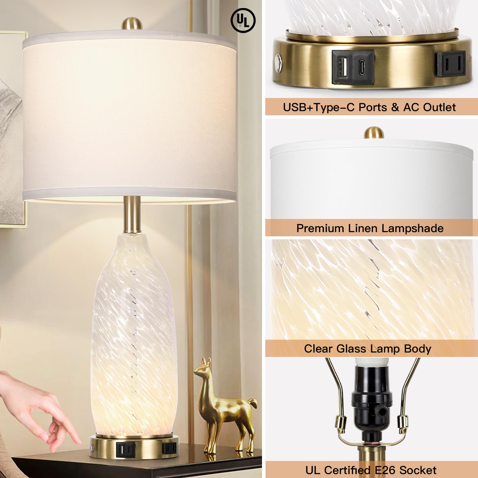 Rinweey 26'' Peacock Green Glass Table Lamps Set Of 2,Coastal Nautical Bedside Lamps With Usb Ports & Ac Outlet,Lamparas Elegant