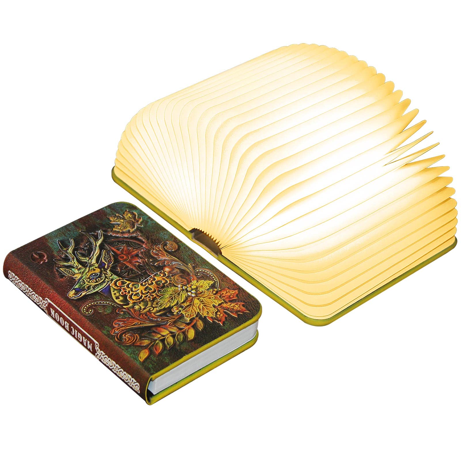 QXMGCBOK 3D Elk Embossed Mini Book Lamp, USB Rechargeable, LED Night Light, Green, Small, Model YTBTAF23c
