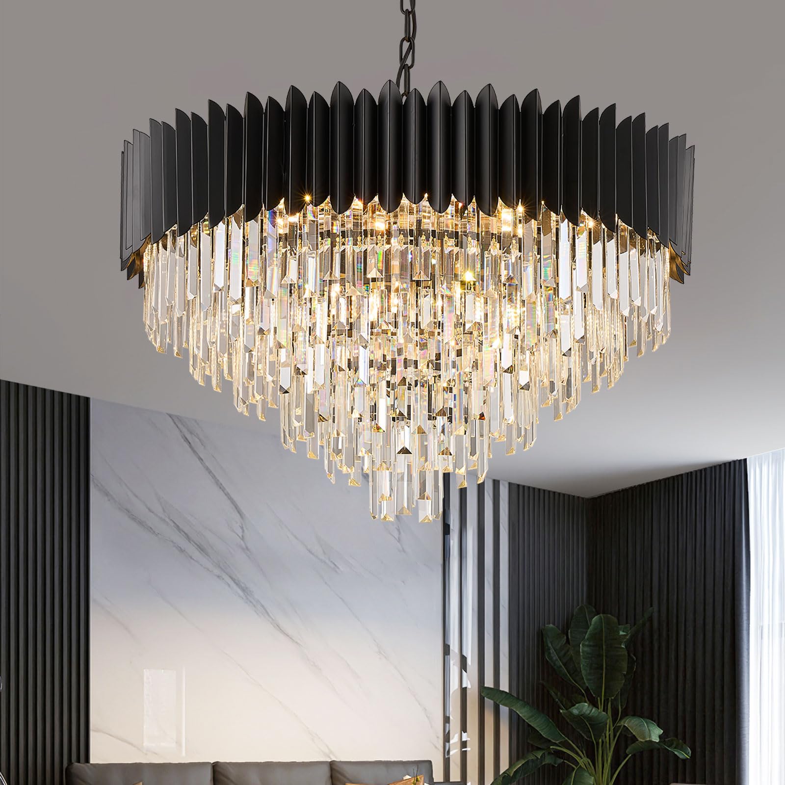 YOLIZUOT 30 Black Crystal Chandelier 6-Tier K9 Crystal Round Pendant Lights 15-Lights Adjustable Large Modern Crystal Chandelier Light for Dining Room Living Room Kitchen Foyer Entryway