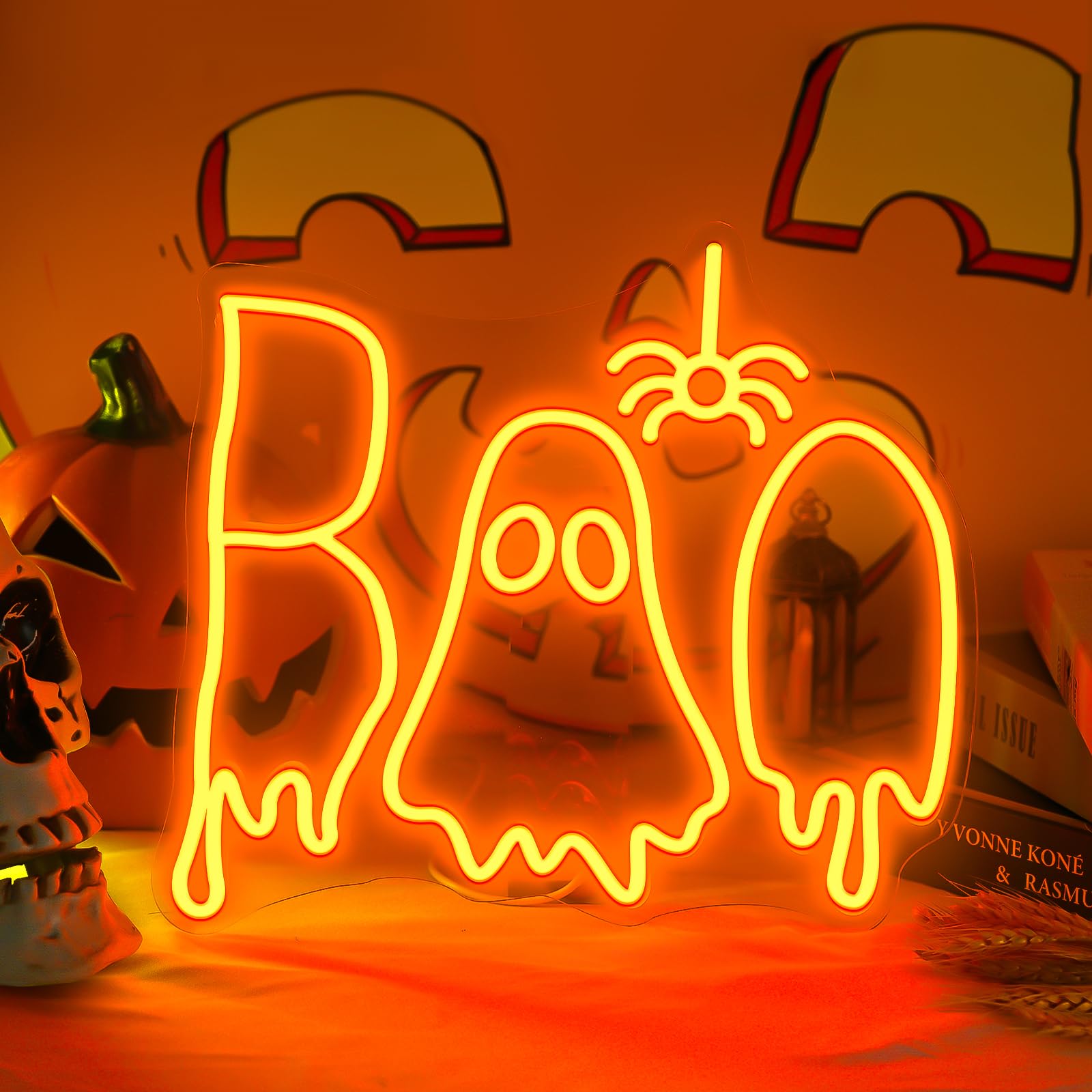 Halloween Boo Neon Sign, Spooky Ghost Neon Light Spider Neon Signs, Dimmable Halloween Led Sign for Wall Bedroom Home Bar Halloween Party Decor Halloween Present for Trick or Treat Party Backdrop