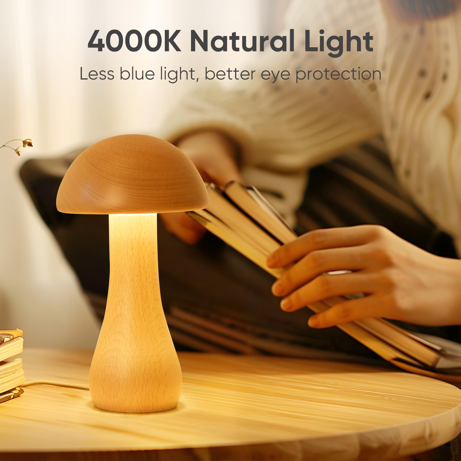 Wooden Small Mushroom Lamp, Touch Switch Cordless Table Lamp For Nightstand, Rechargeable Battery Operated Night Light, 360 Degr