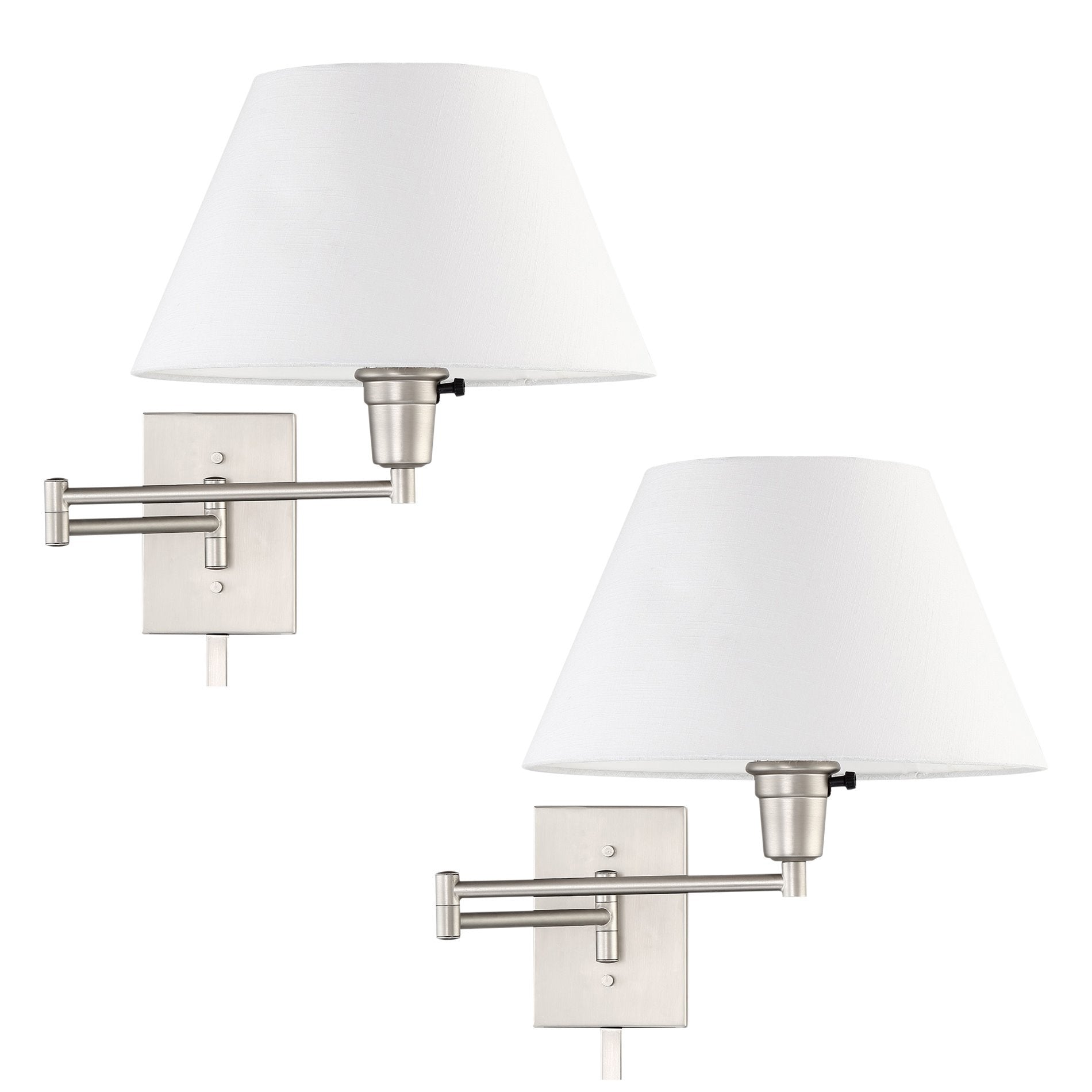 Kira Home Cambridge 15in Swing Arm Wall Lamp, Satin Nickel, White Shade, 150W 3-Way, Plug-in/Wall Mount, 2-Pack