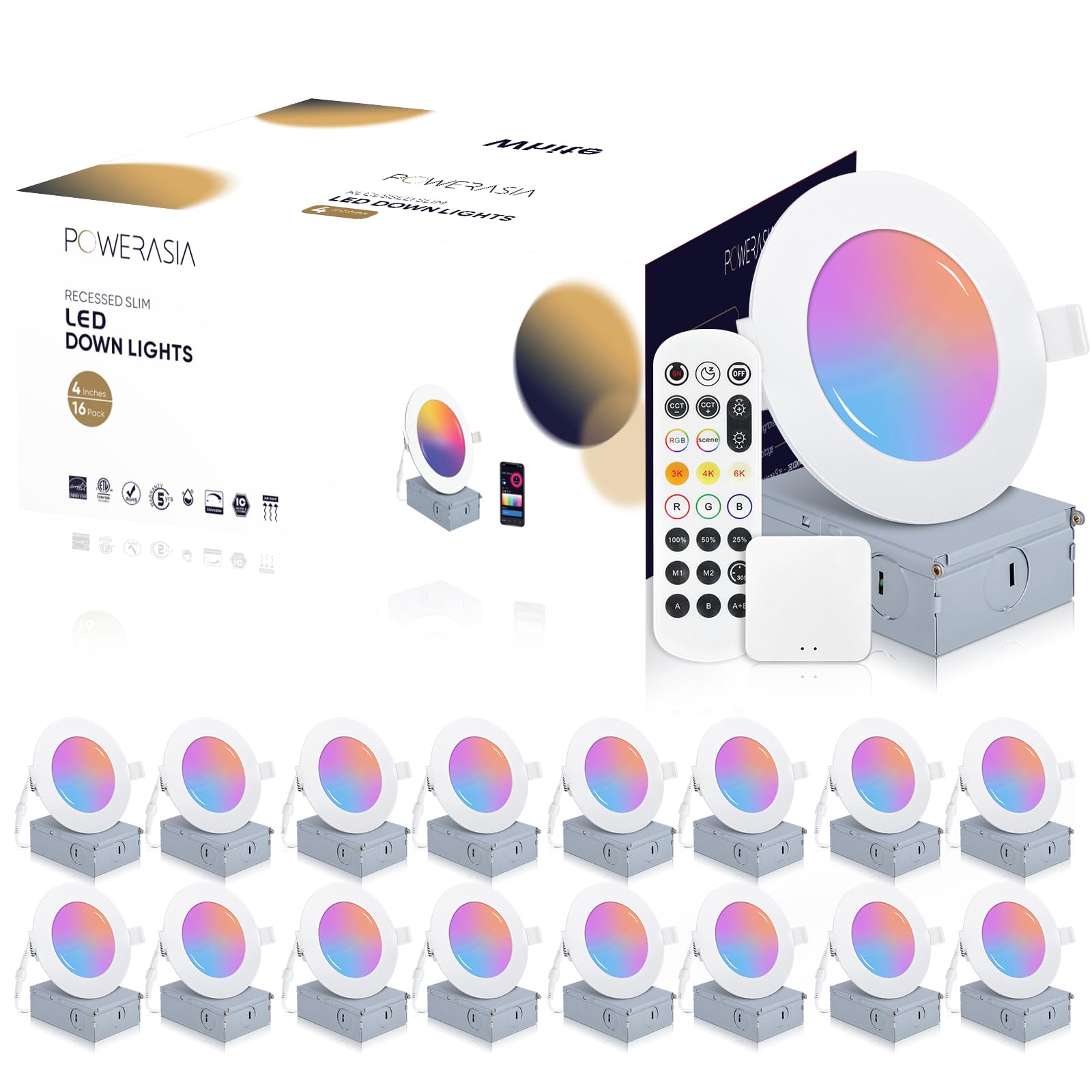 POWERASIA 16 Pack Smart Recessed Lighting, 4 Inch, Ultra-Thin LED, 9W 700LM, Aluminum, Compatible with Alexa/Google Assistant, ETL, Energy