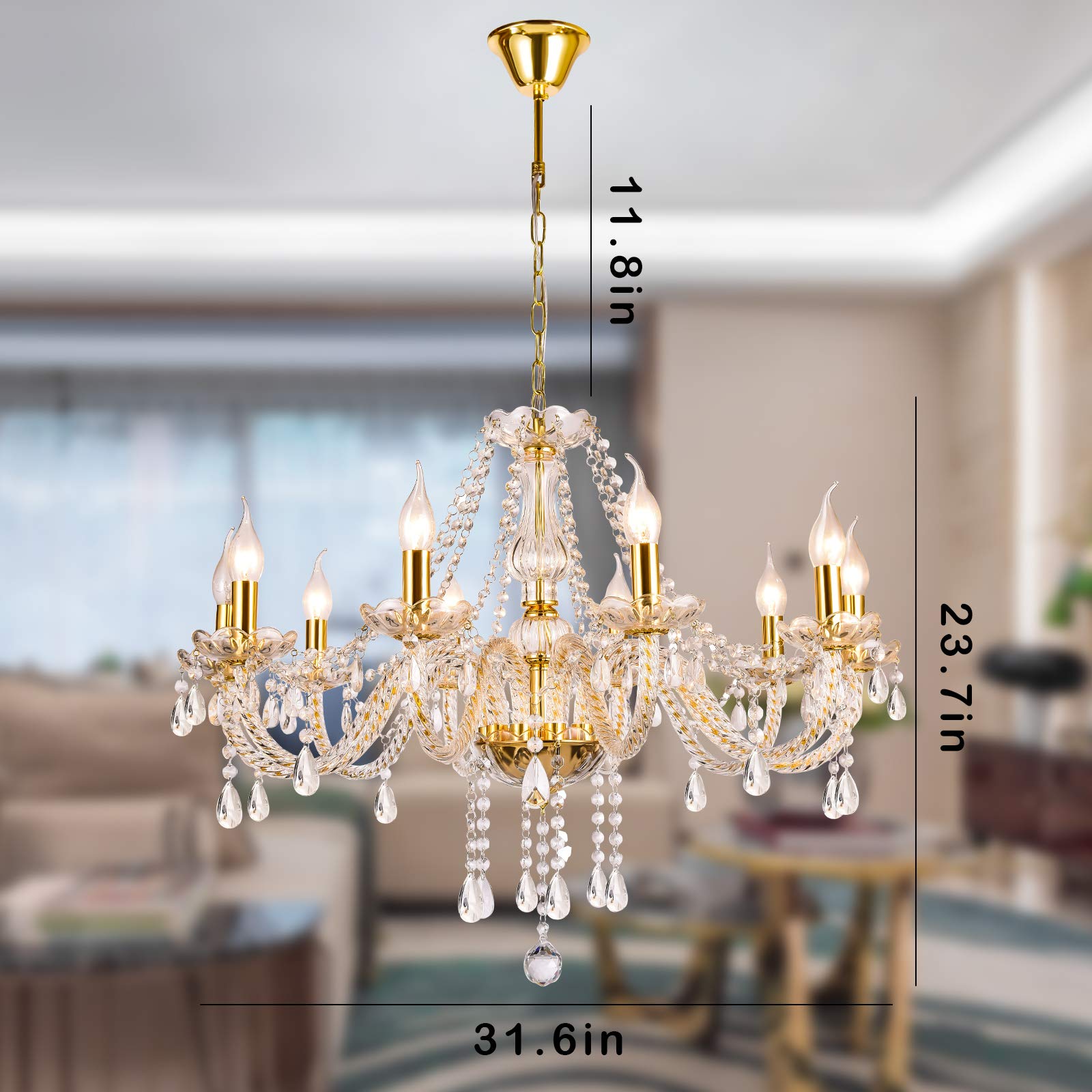 Panghuhu88 K9 Crystal Candle Chandelier, 10-Light Pendant Ceiling Fixture, Elegant Gold Decoration for Dining, Living Room, Bedroom