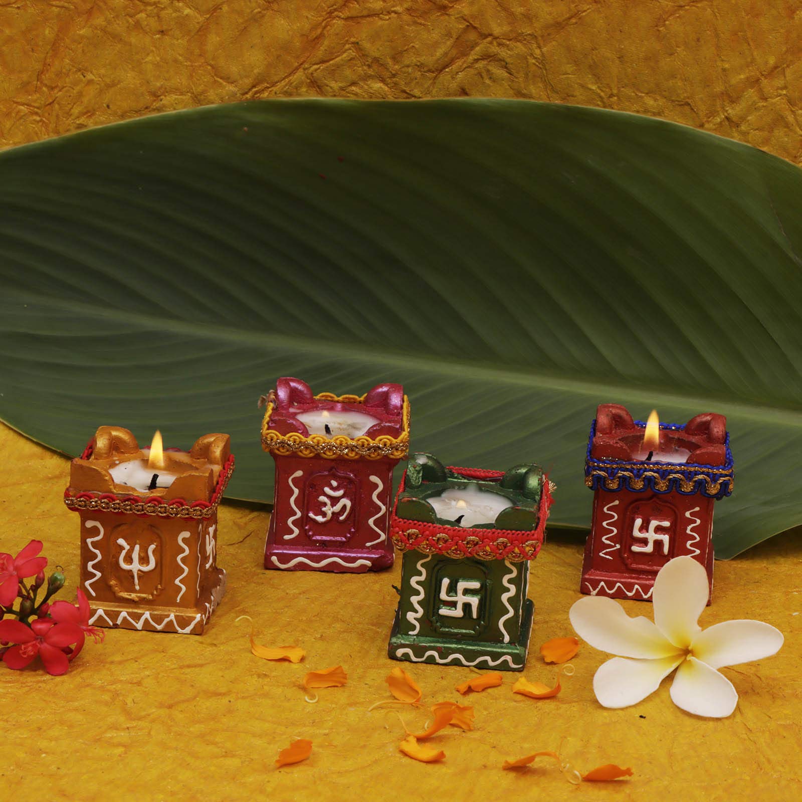 Perpetual Tulsi Diya for Diwali Decoration Handmade | Earthen Clay Terracotta Decorative Diya 4 Pcs Set | Tealight Candle Festiv