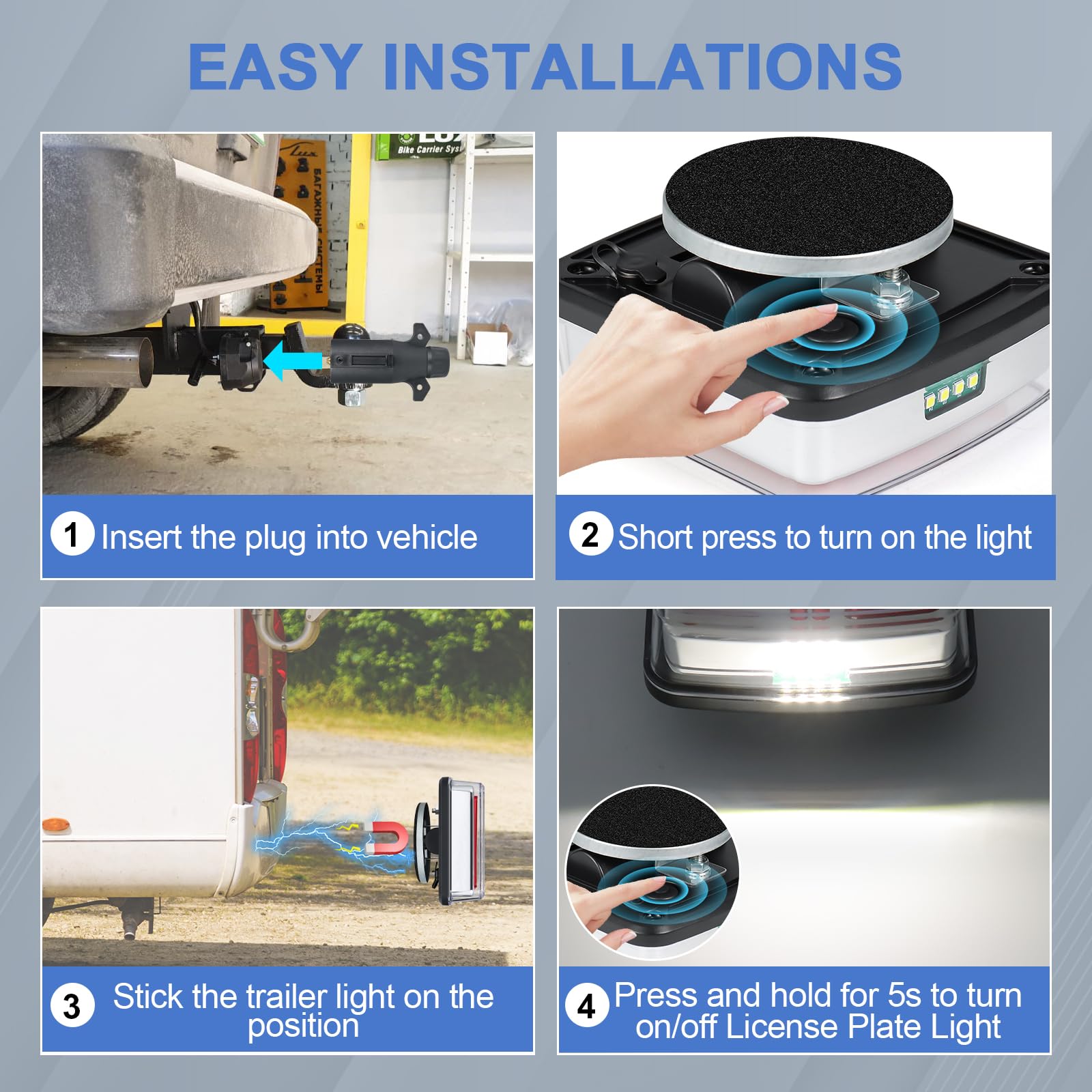 Dinfu Wireless Trailer Lights, 2PCS Rechargeable LED, Magnetic Tow Light Kit, IP67 Waterproof, Clear, Normal Size, Metal Bracket