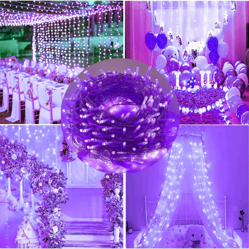 Fullbell Purple Christmas Lights Indoor, 8 Modes Plug In Purple Lights Clear Wire, Purple Christmas Tree Lights For Christmas, T