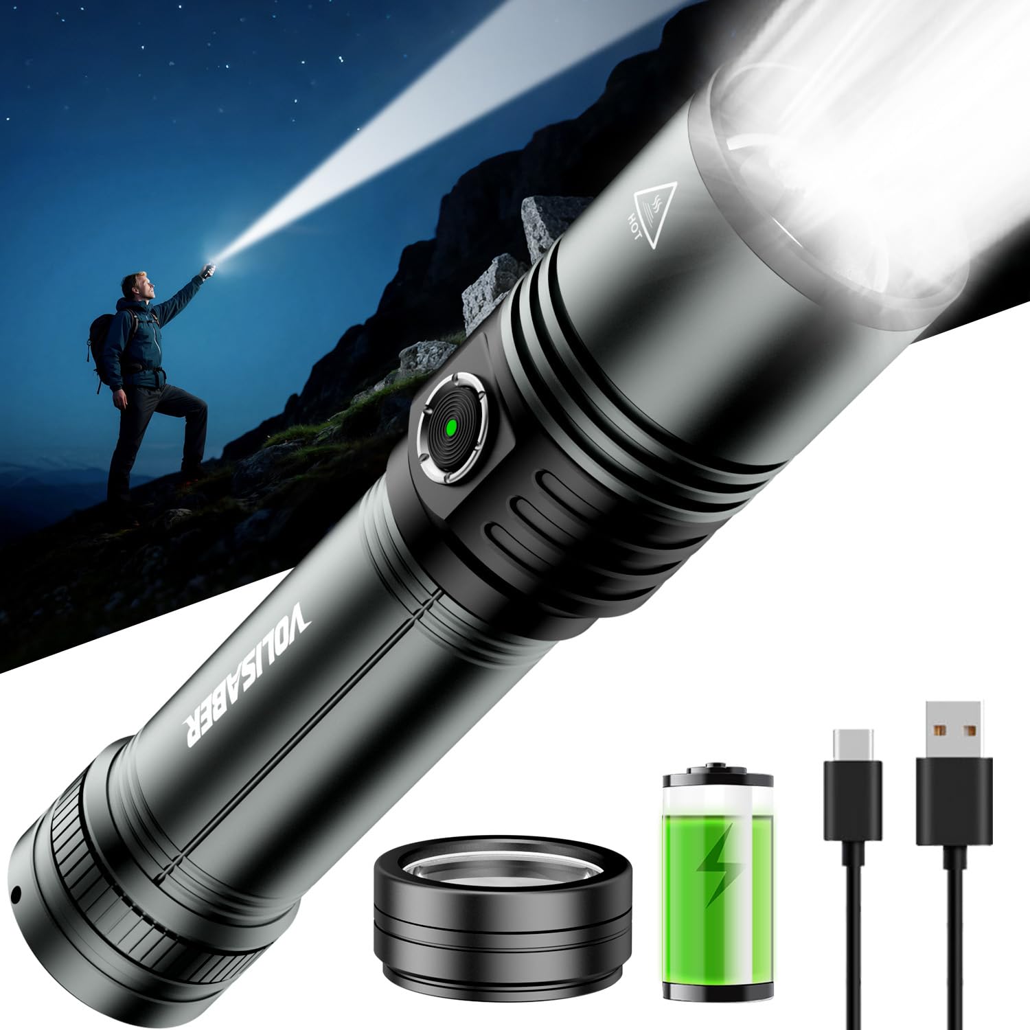 VOLISABER Flashlight Rechargeable 1500 High Lumens with Ignition Lens, LED Super Bright Zoomable Flash Light, 5 Modes Waterproof