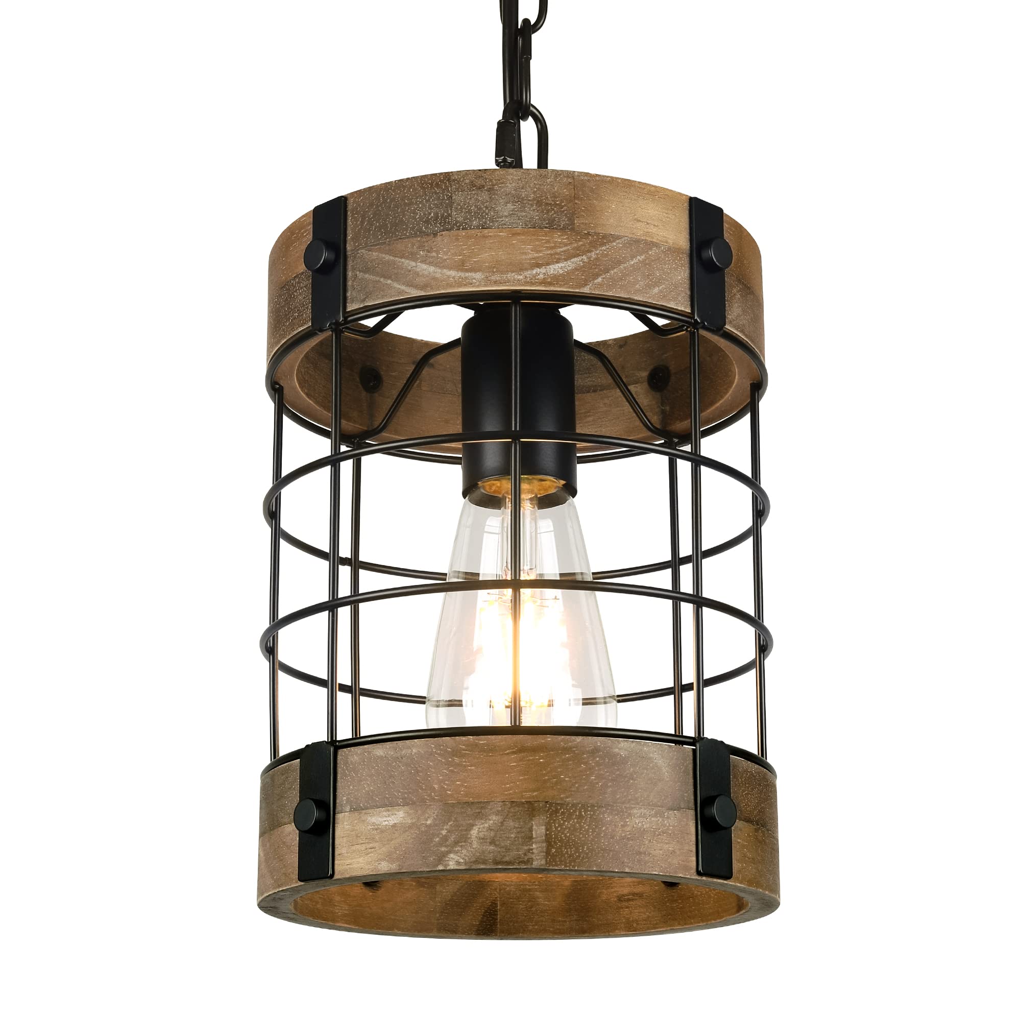 Rustic Pendant Light Fixtures, Farmhouse Kitchen Wood Hanging Lighting, Industrial Round Cage Chandelier for Entryway Hallway Di