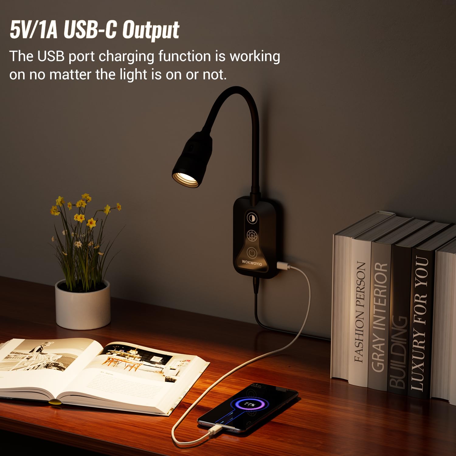 WOKWOYIO Wall Mounted Reading Light, USB Output, Dimmable, 2 Pack, Black, Flexible Gooseneck, for Bedroom Reading
