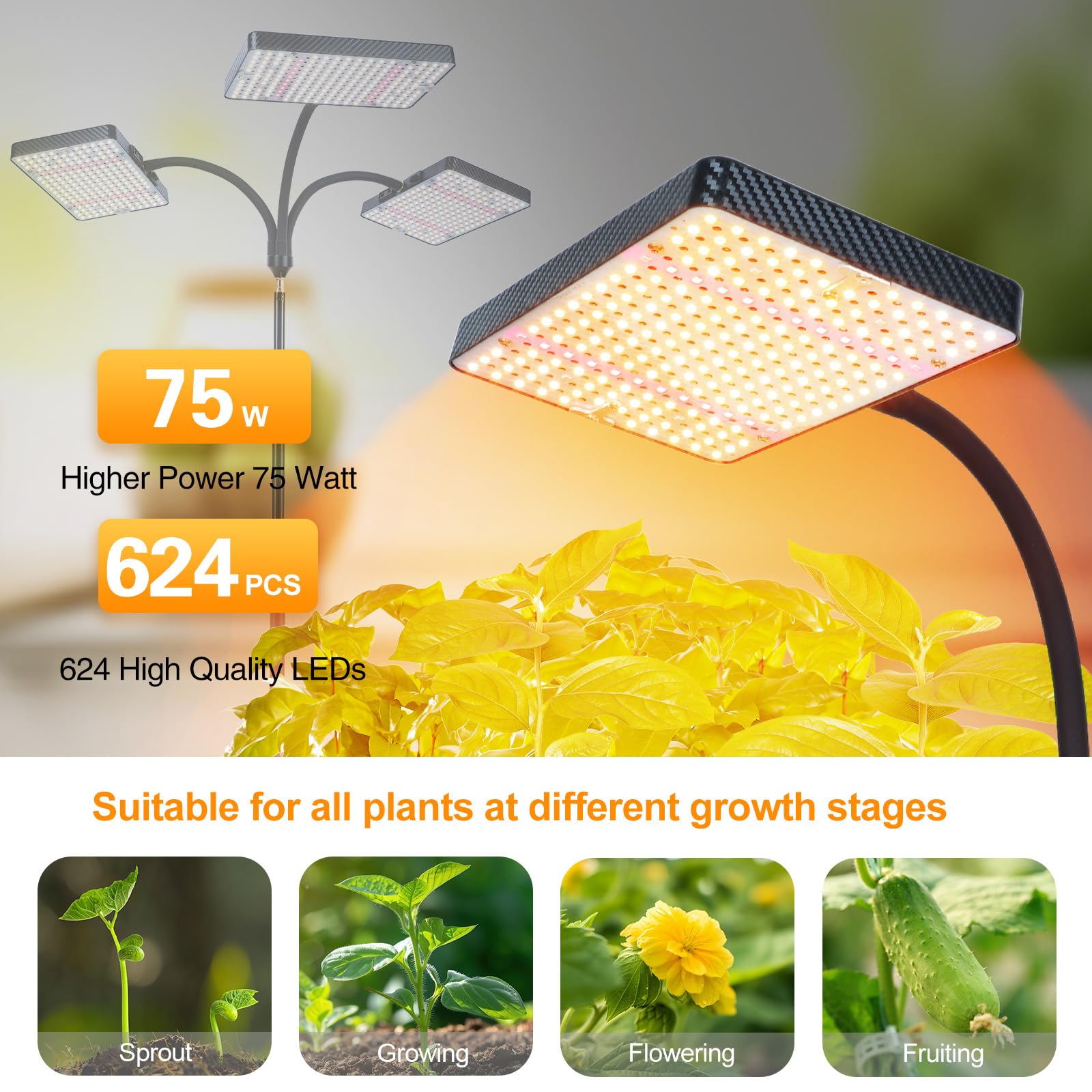 3-Head Grow Light with Stand 75W, FECiDA 2025 Grow Lights for Indoor Plants, Full Spectrum LED Plant Grow Light for Houseplants,