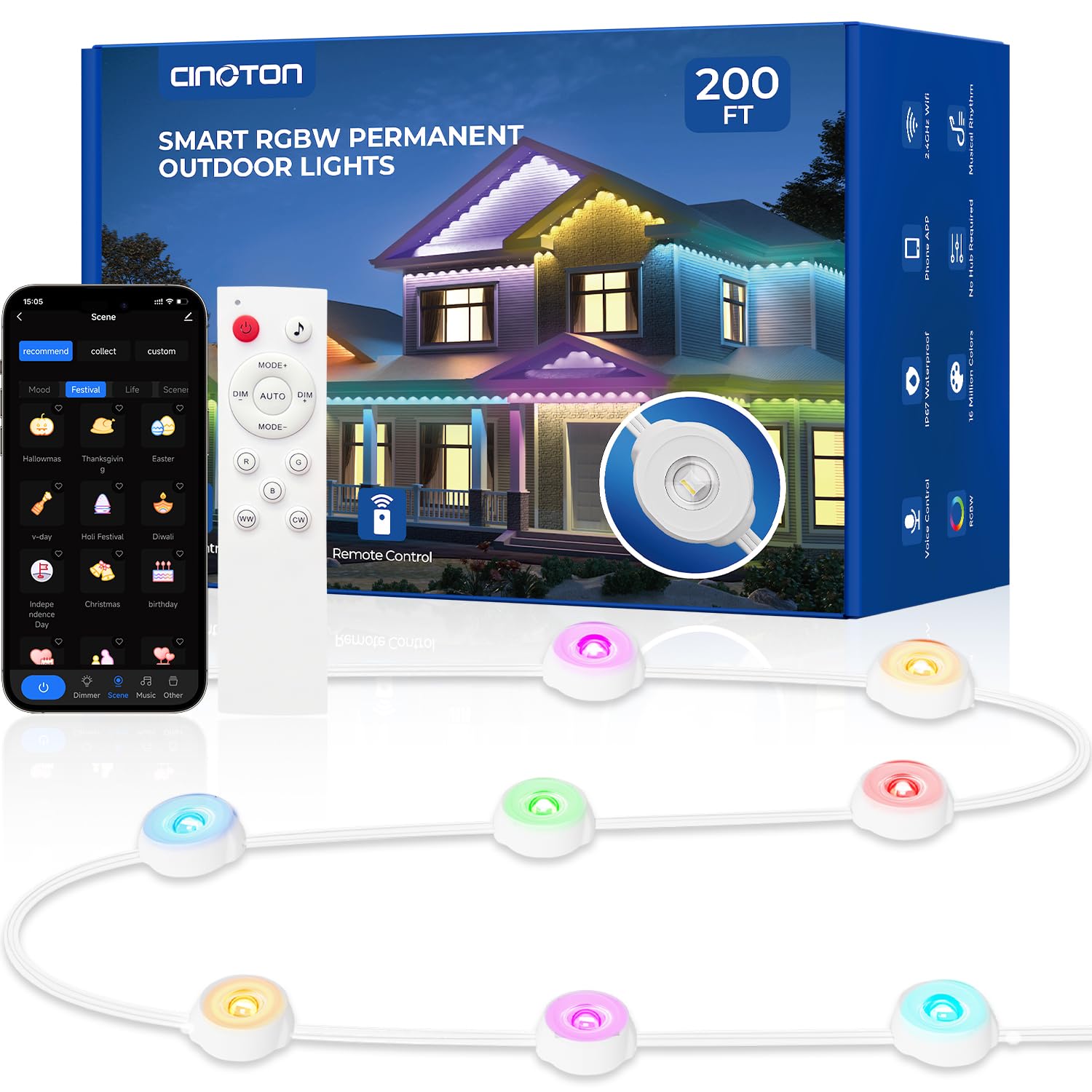 CINOTON Permanent Outdoor Lights 200ft, Smart RGBW Eaves Lights with 144 LEDs, IP67 Waterproof, 111 Scene Mode for Daily and Fes