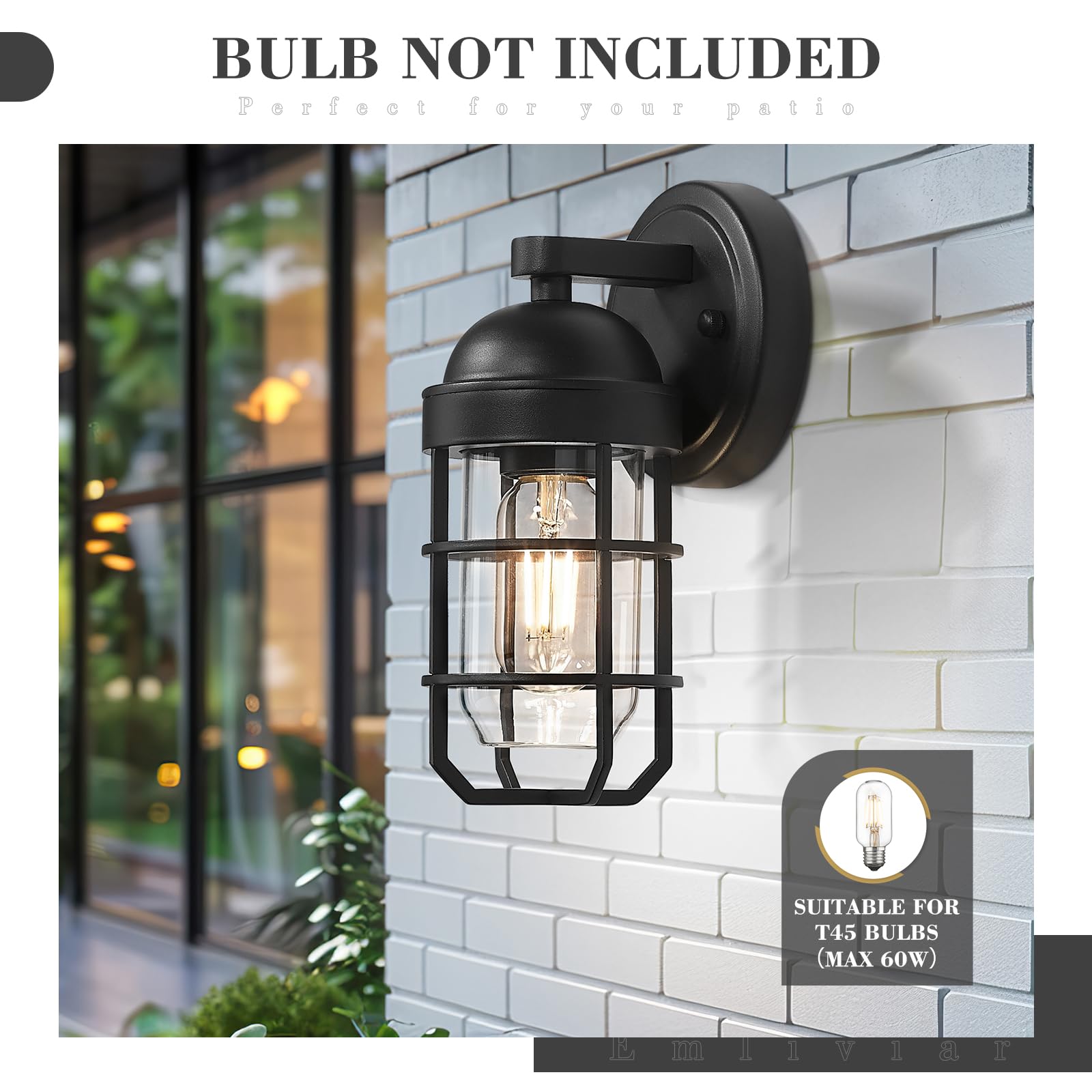 Emliviar Farmhouse Outdoor Wall Light - 2 Pack, Black Finish, Durable Metal Cage, Clear Tempered Glass, Model GE255B-2PK BK