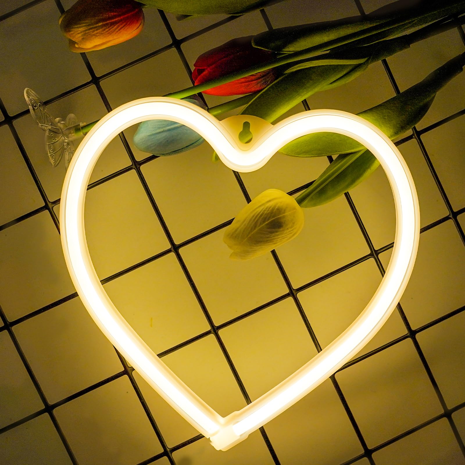 EXF Heart Neon Sign - LED Wall Decoration Light, Warm White, Battery/USB Powered, 1 Pack, Model HeartWW