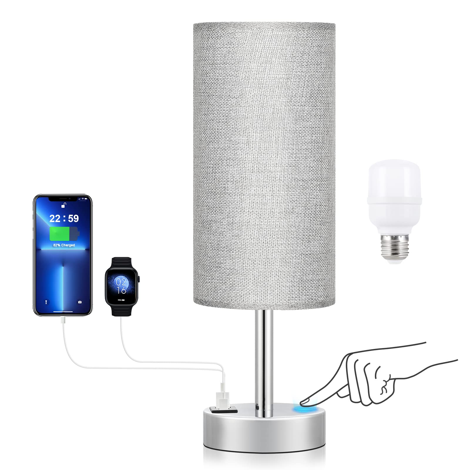 Grey Touch Nightstand Lamps for Girl - Small Bedside Lamp with USB-C and USB Charging Ports, 3 Way Dimmable Control Table Lamp f