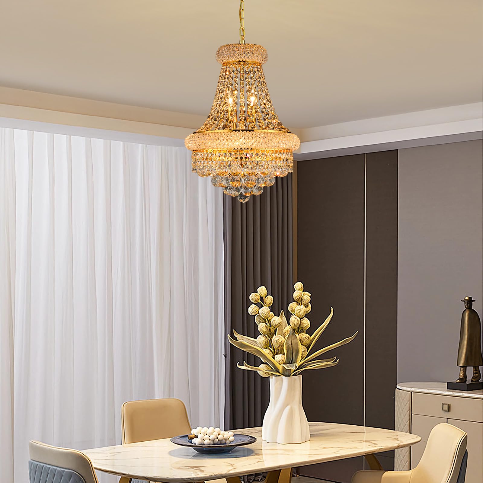 Gifarich Crystal Chandelier, 6 Lights, Gold Empire Style, D15'' - Perfect for Dining Room, Living Room, Kitchen, Entryway