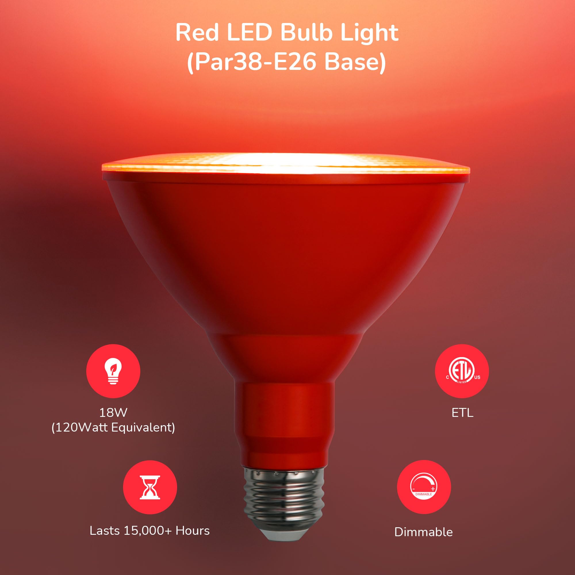 EDISHINE Red LED Flood Light Bulbs, Dimmable 18W (120W Equivalent), E26 Base, 2 Pack, ETL Listed