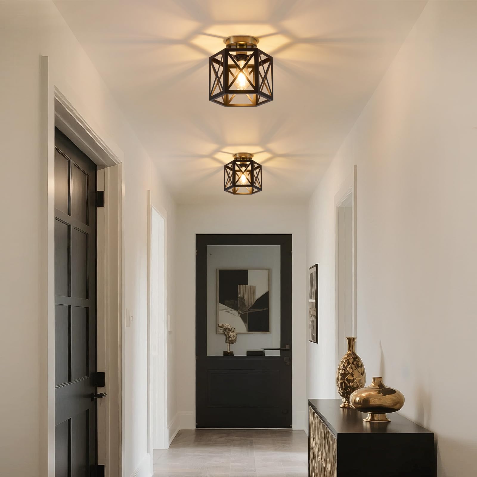 XSDeTu Flush Mount Ceiling Light, Black & Gold Metal, Hexagonal Cage Design, Modern Small Chandelier, 2 Pack