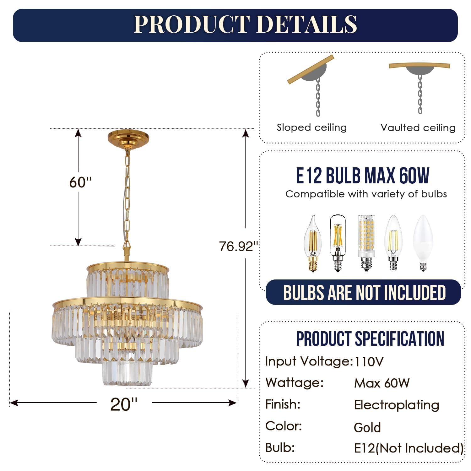 GMlixin Modern Crystal Chandelier Pendant Light, 4-Tier, 6-Lights, 20 Inch, Gold, Model GM2950-500-G-1 for Dining & Living Room