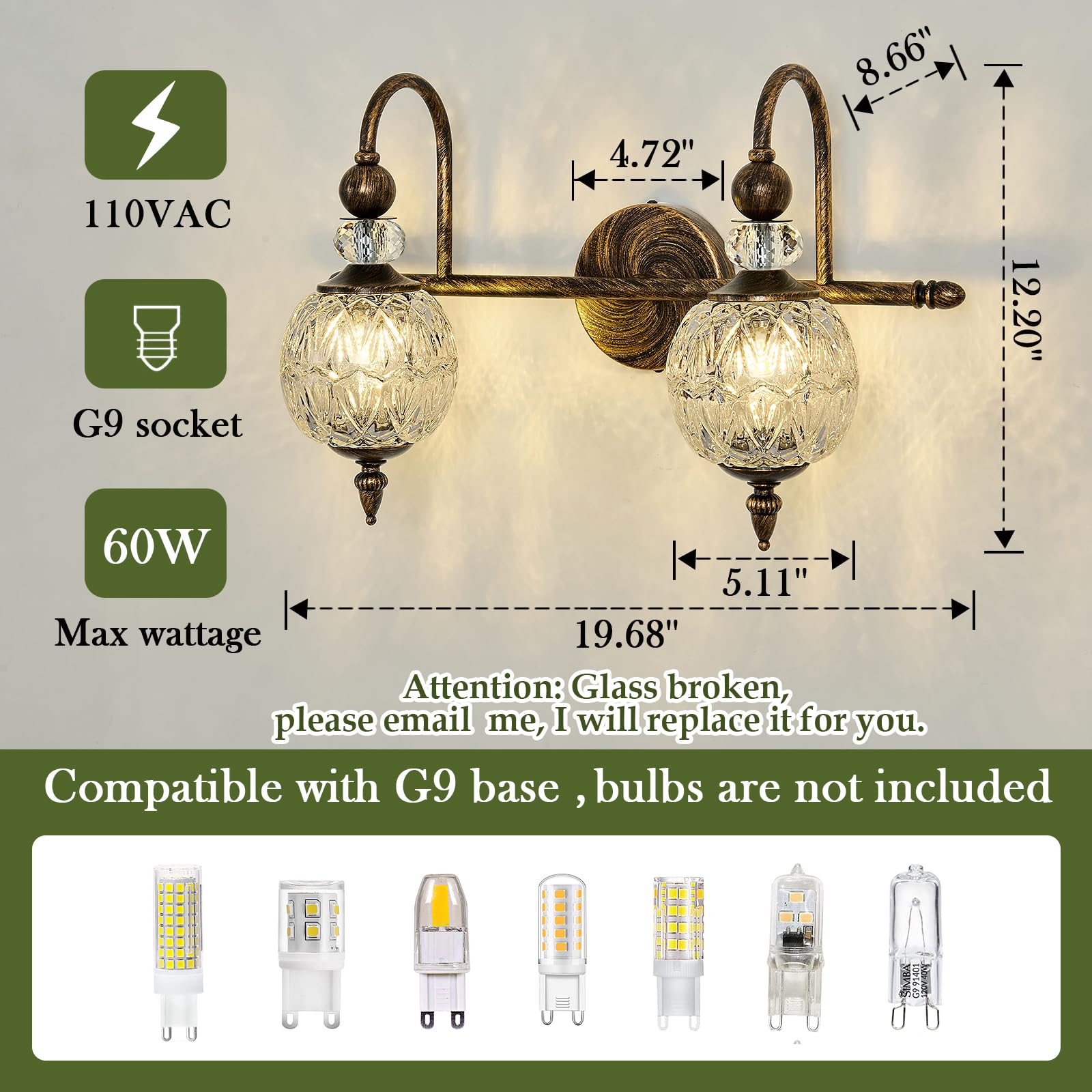 Piepooye Vintage Bathroom Light Fixtures Bronze Vanity Light With Glass Globe Lampshade 2 Lights Mid Century G9 Bulb Wall Sconce