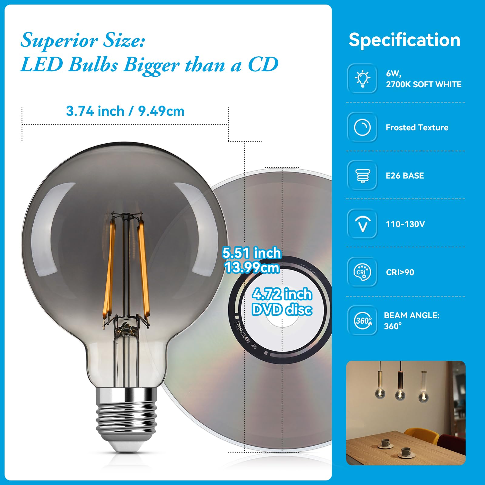 Brighfivey Smoke Led Globe Light Bulbs, 60 Watt Light Bulbs Soft White, 6W Led Light Bulbs, 2700K Warm White, 500 Lumen E26 Stan