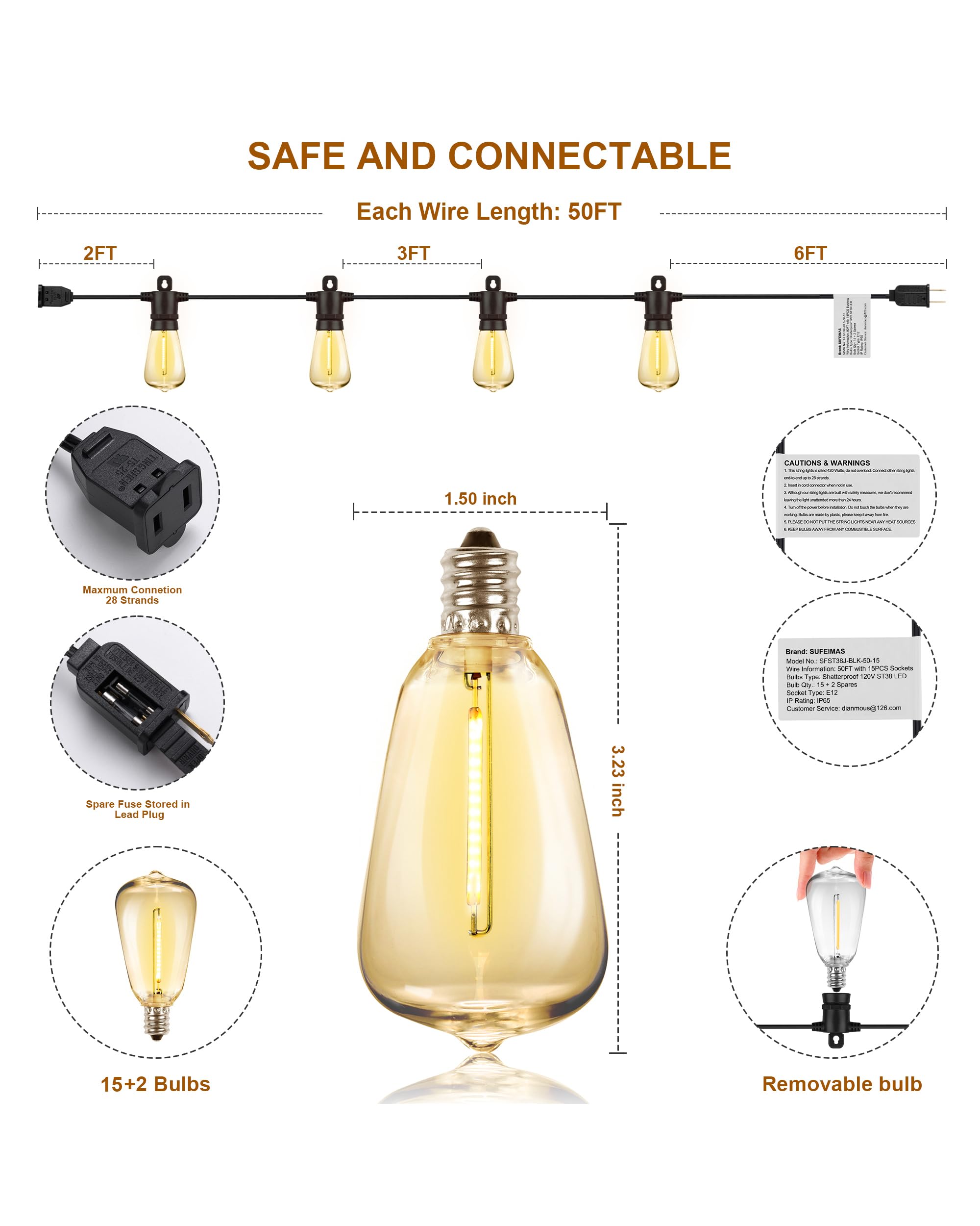SUFEIMAS Outdoor String Lights - 150FT LED, 45 E26 Sockets, 48 Dimmable Shatterproof Bulbs, 2700K Warm White, Plastic Material