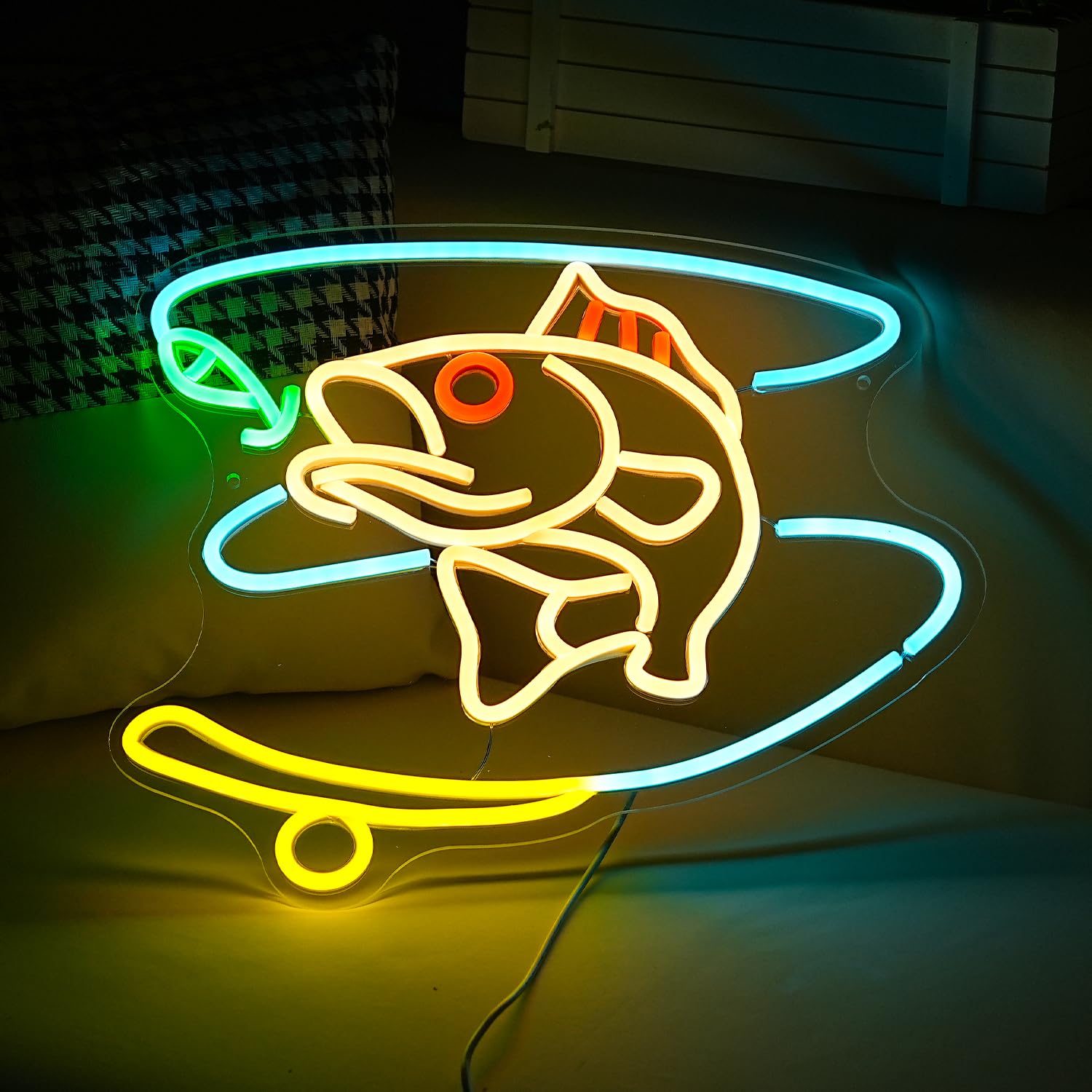 GNVETZLL Fishing Neon Sign LED Dimmable Wall Decor 15.7inx12.4in Acrylic Multicolor