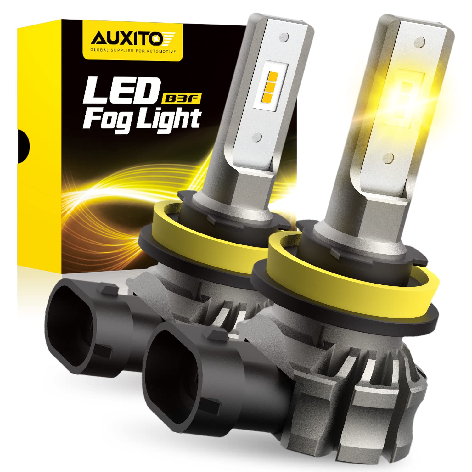 AUXITO H11/H8/H16 LED Fog Light Bulbs, 6000 Lumens, 3000K Amber Yellow, Aluminum, Pack of 2
