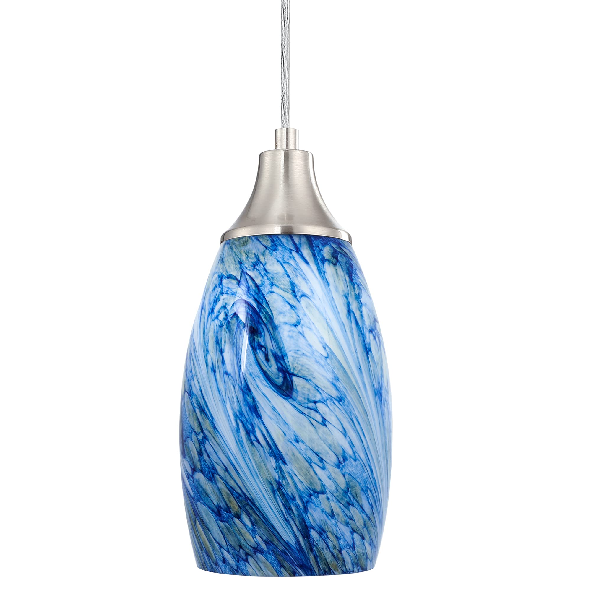 karyfine Mini Pendant Lights Kitchen Island White Blue Glass Lamp Shade Hand Blown Glass Pendant Light with Brush Nickel Finish 