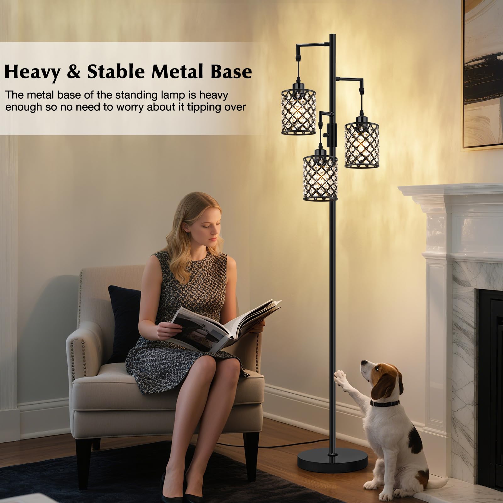 GyroVu 3-Light Black Floor Lamp with K9 Crystal Shade, Modern Design for Living Room & Bedroom, Model G-1FL-1769C