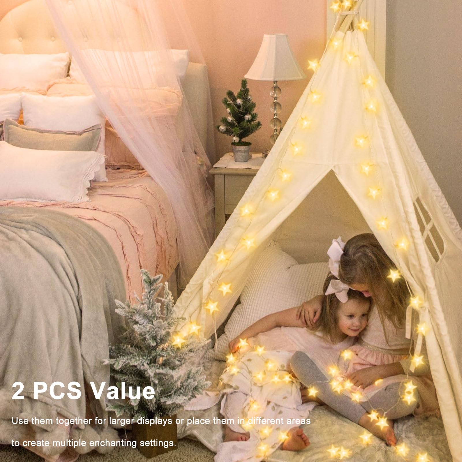 2 Pack Christmas Star Lights Battery Operated, Star Fairy Lights 26Ft 80 LED Twinkle String Lights Waterproof for Outdoor Indoor