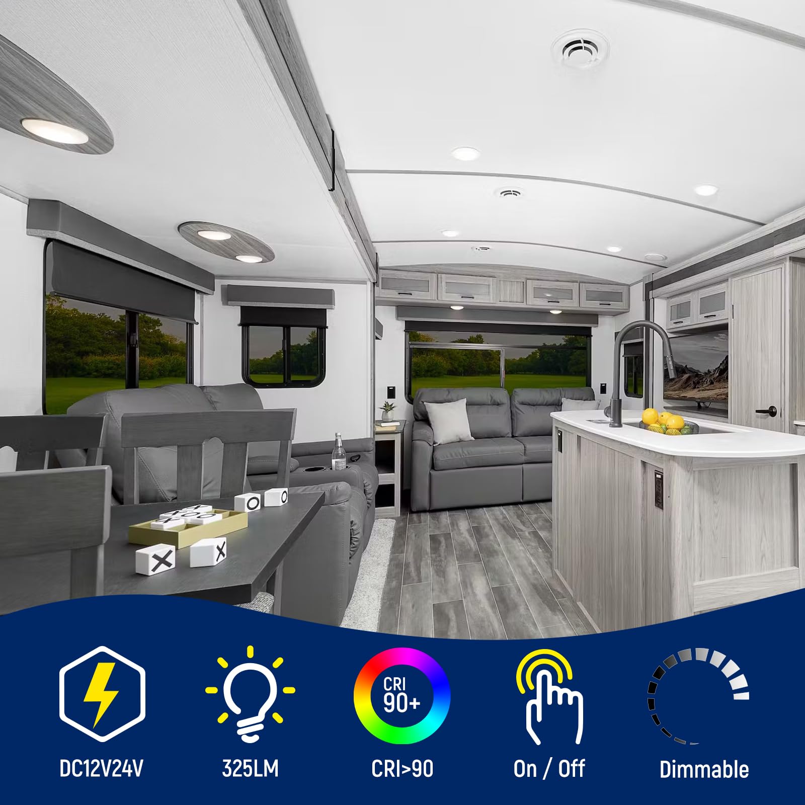 Obeaming 2 Pack Rv Interior Ceiling Dome Light 4.5 Inch, Press Dimmer Switch & Blue Nightlight,12V Dimmable Puck Light For Motorhome Trailer Fifth Wheel Truck Coach Enclosed Trailer(5000K)