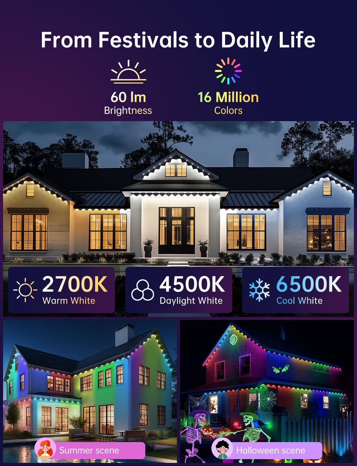 lemonlovely 100FT Outdoor LED Lights - 50 Smart IC+RGBCW, IP67 Waterproof, White, Model 2323, Perfect for Christmas & Halloween Decor