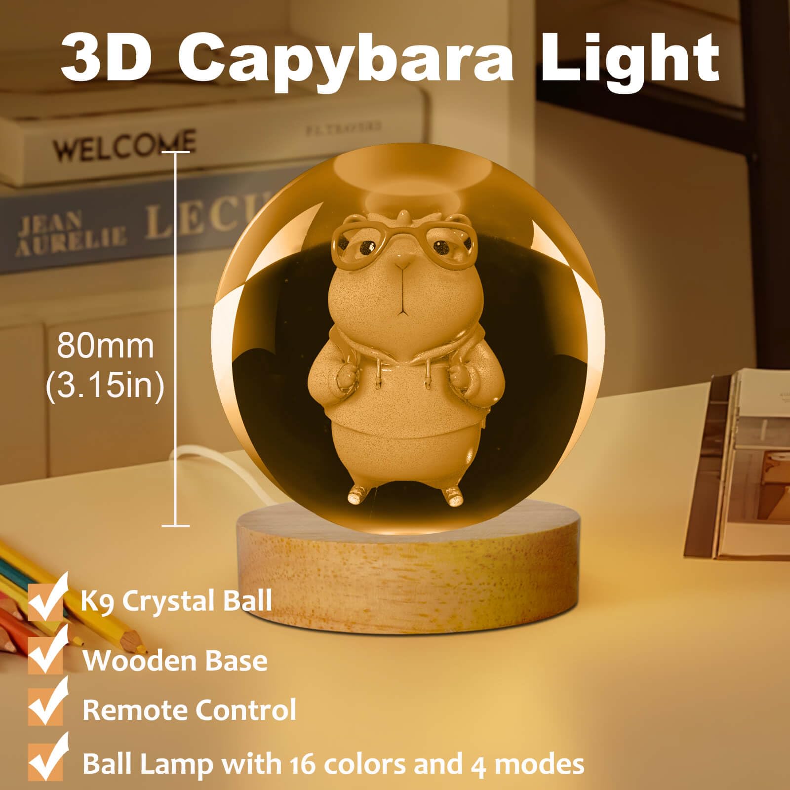 Linsina Dragon Lamp  3.15In 16 Colors Crystal Ball Night Light With Wooden Base And Remote Control  Birthday Gift And Dragon Gifts For Women Men Kids (Capybara)