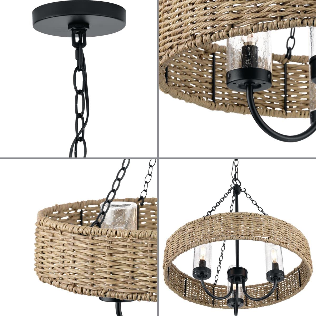 Progress Lighting 1-Light Outdoor Pendant, Matte Black with Mocha Rattan Accents, Model P550127-31M, Alloy Steel Construction