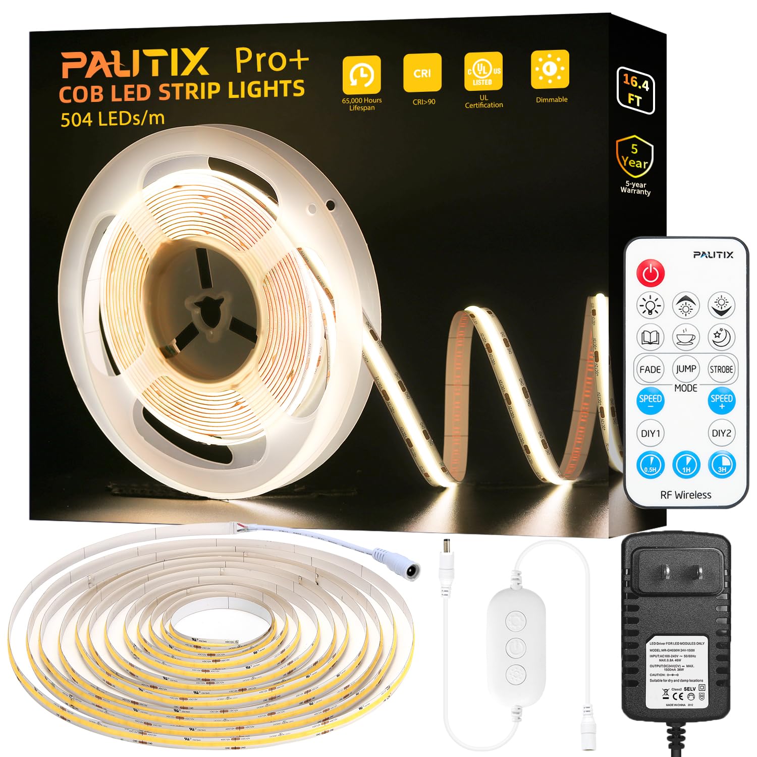 Pautix Cob Led Strip Light 2520Leds,Super Bright High Lumen 4000K Natural White 16.4Ft,Dimmable 24V Led Tape Light With 3M Tape,Rf Remote With Timer Function,36W Adapter,For Bedroom,Home,Kitchen Diy