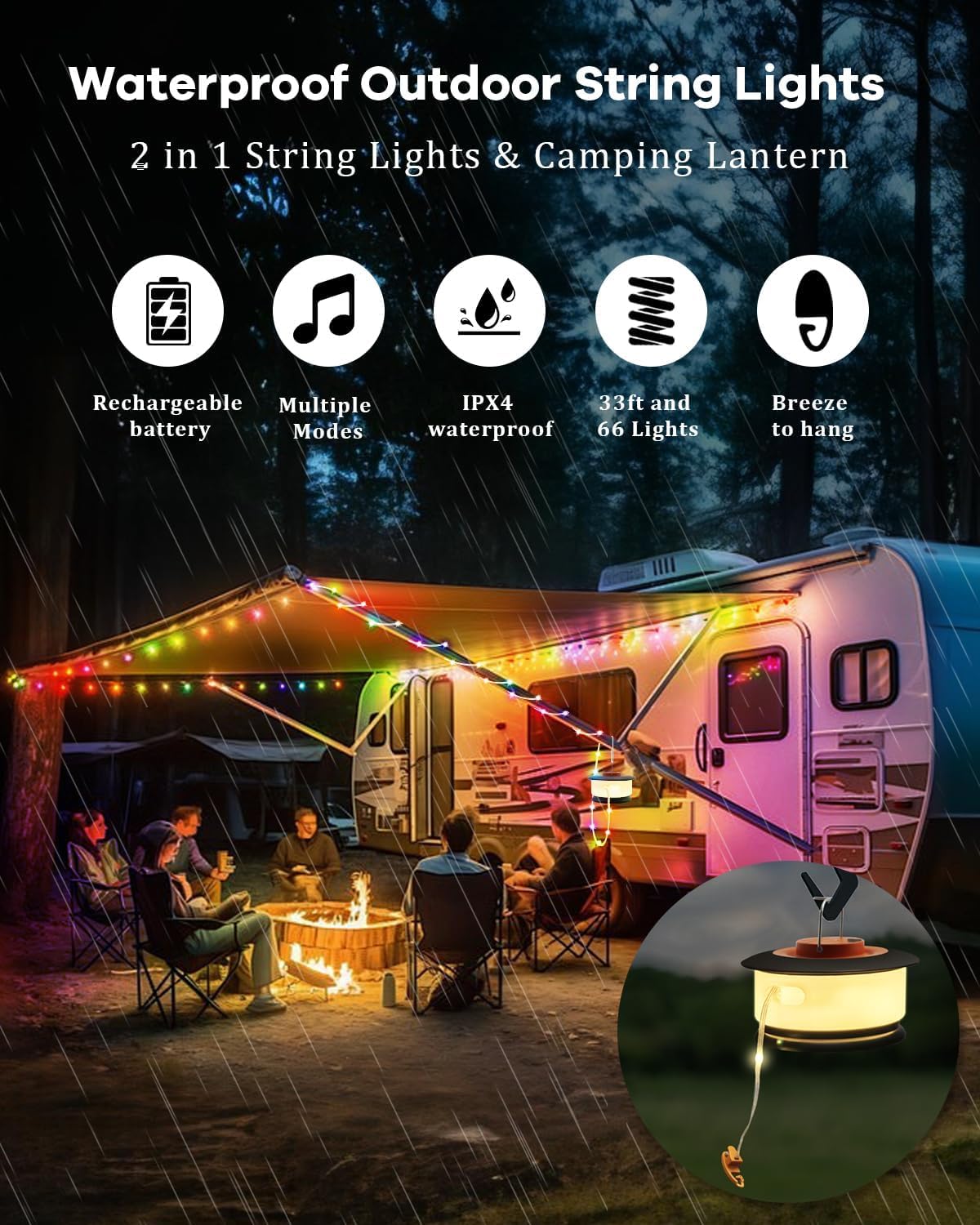 Camping String Lights, Rgb Retractable String Lights Camping With 19 Lighting Modes, Quick 20S Recovery, 33Ft Portable Camping Lights, Waterproof, Rechargeable Tent Lights For Yard Bedroom Decor
