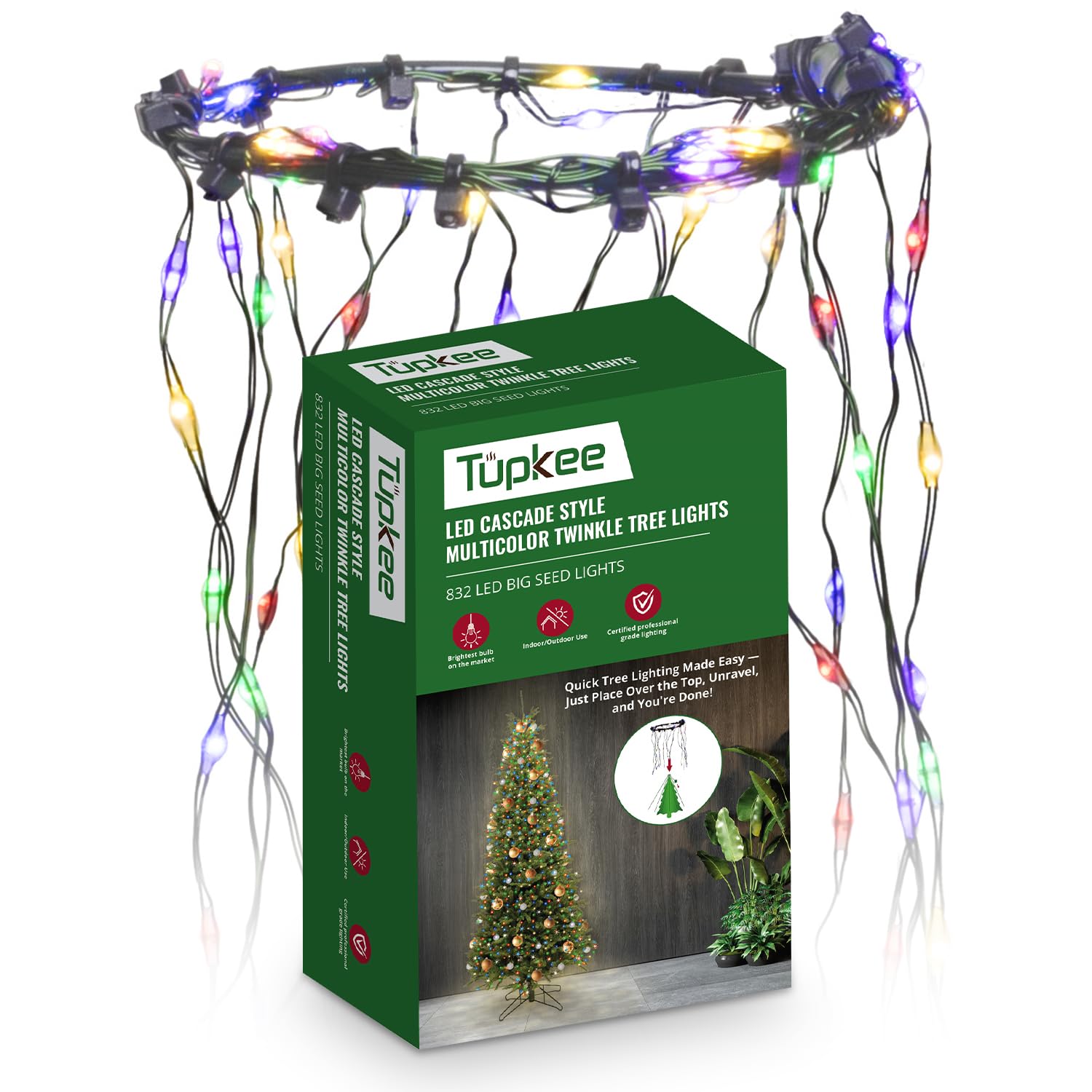 Tupkee LED Multicolor Christmas Tree Lights - 8 Feet Twinkle String, 208 of 832 Lights, Plastic Material, Model JT-DC120V0700-D