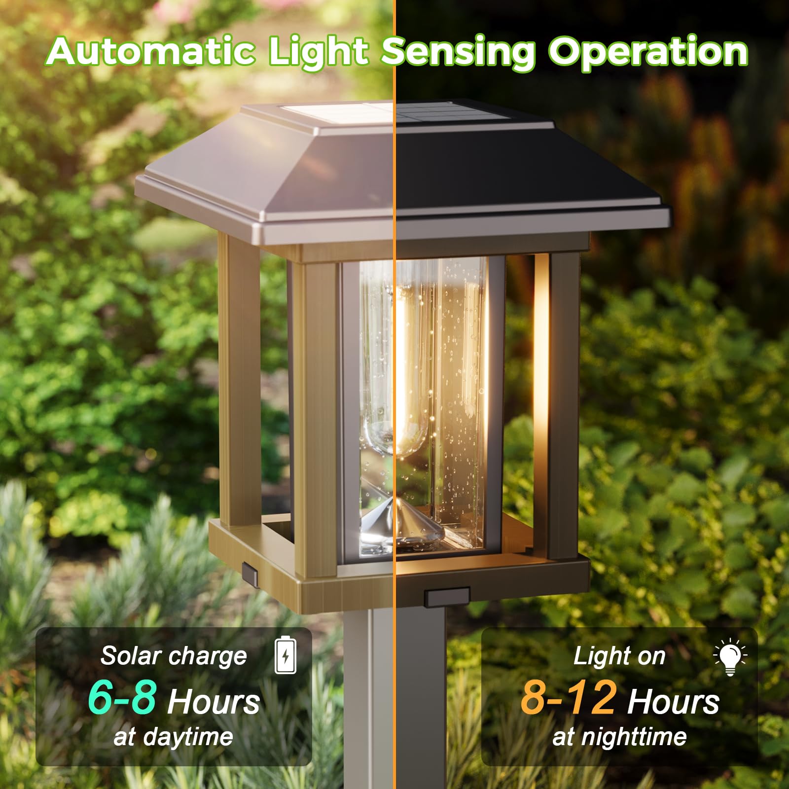 XMCOSY+ Solar Pathway Lights 4-Pack, Vintage Edison LED, 25 Lumens, IP65 Waterproof, Two-Tone Bronze & Wood Color, Model HW-6166B
