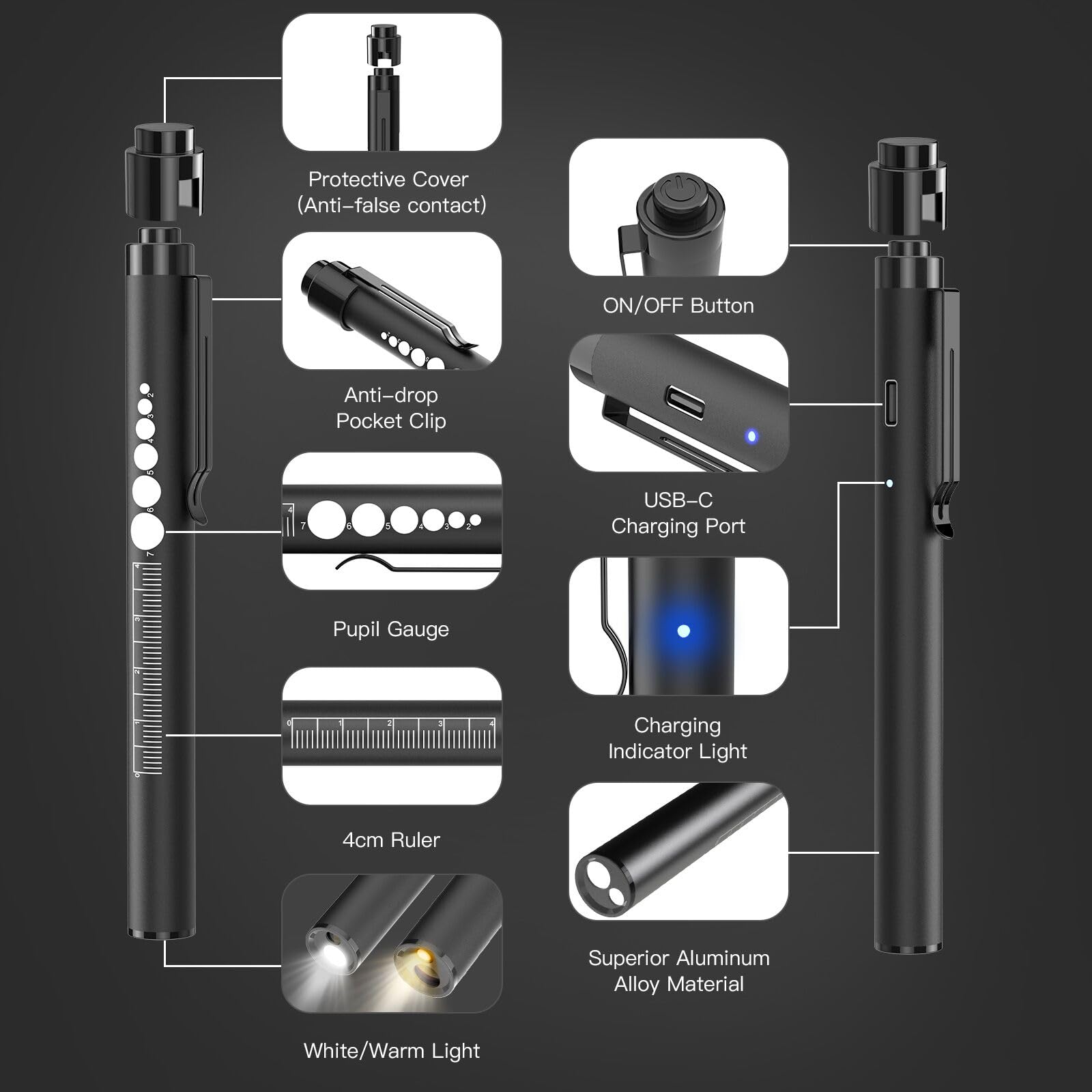 COSOOS Rechargeable Pen Lights - 2 Pack Mini LED Flashlights with Pupil Gauge & Ruler, USB-C, Stainless Steel, Warm/White Light